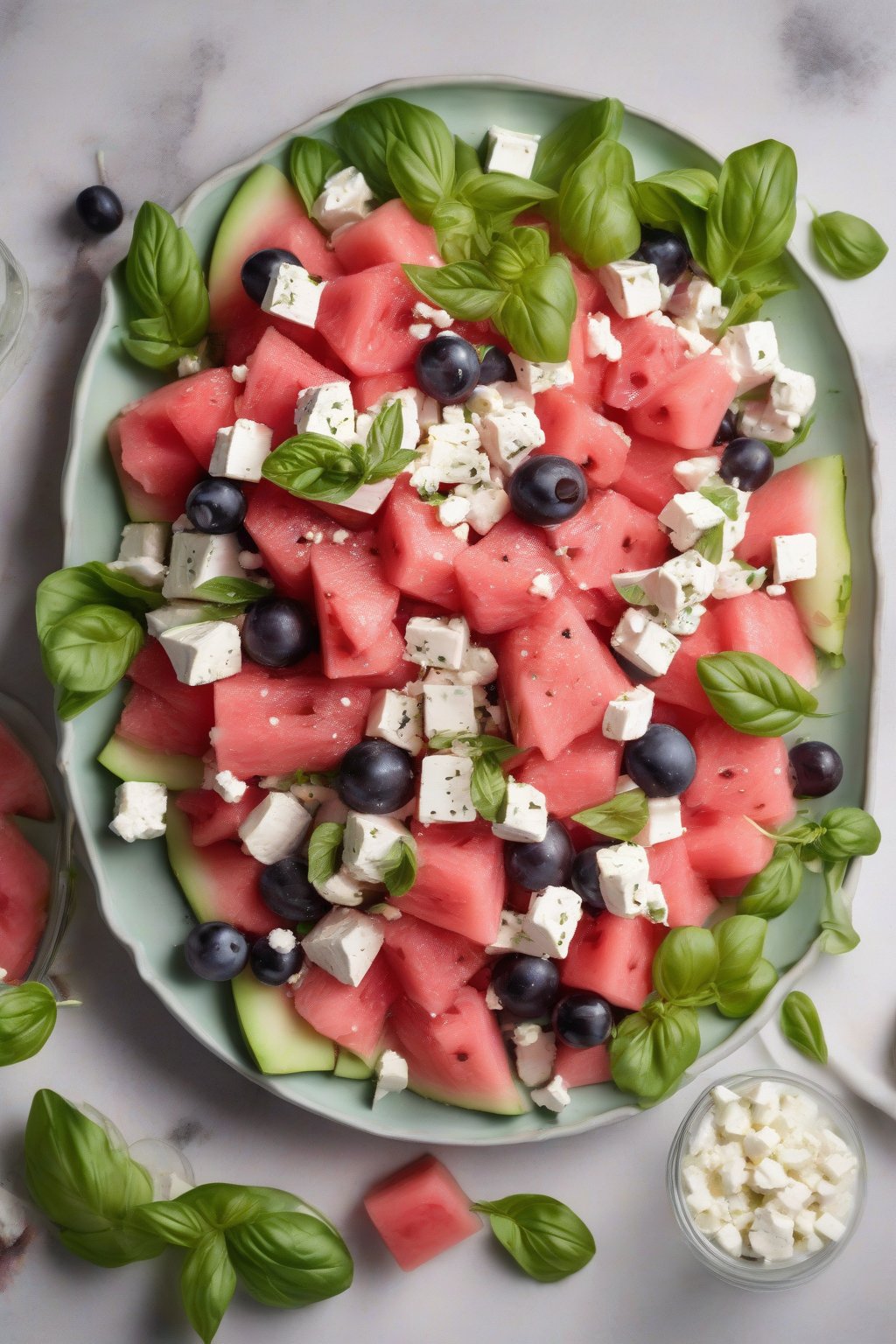 A high-resolution photo of watermelon feta chicken salad with grapes and basil in a summery platter, feta dots visible, under soft lighting.