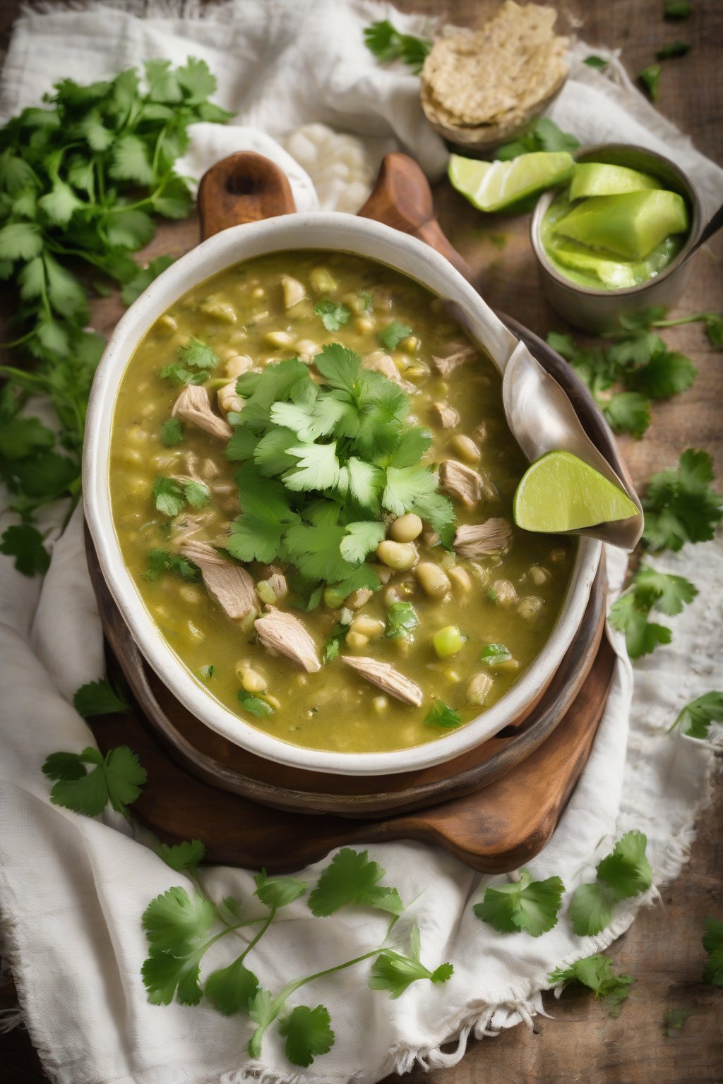 A high-resolution photo of vibrant green chicken chili verde with fresh cilantro under soft lighting.