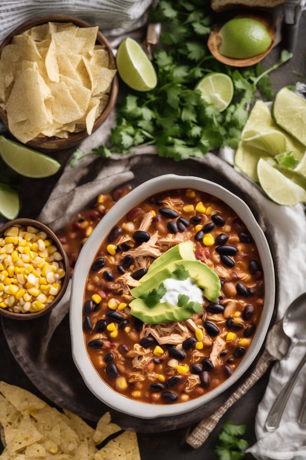 A high-resolution photo of slow cooker chicken chili with black beans and corn under soft lighting.