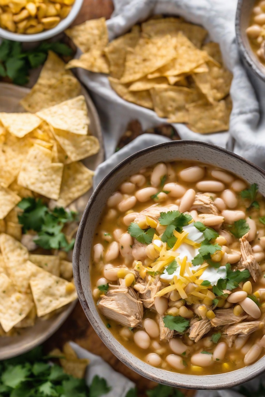 A high-resolution photo of Instant Pot white bean chicken chili in a bowl with tortilla chips under soft lighting.