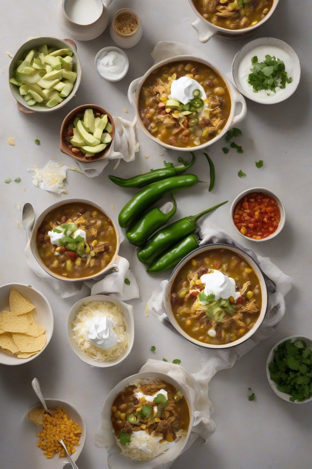 A high-resolution photo of Hatch green chile chicken chili topped with sour cream under soft lighting.