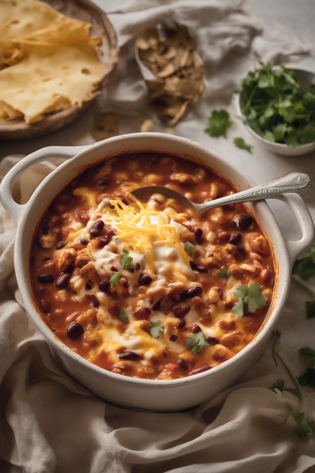 A high-resolution photo of smoky chipotle chicken chili with melted cheese under soft lighting.