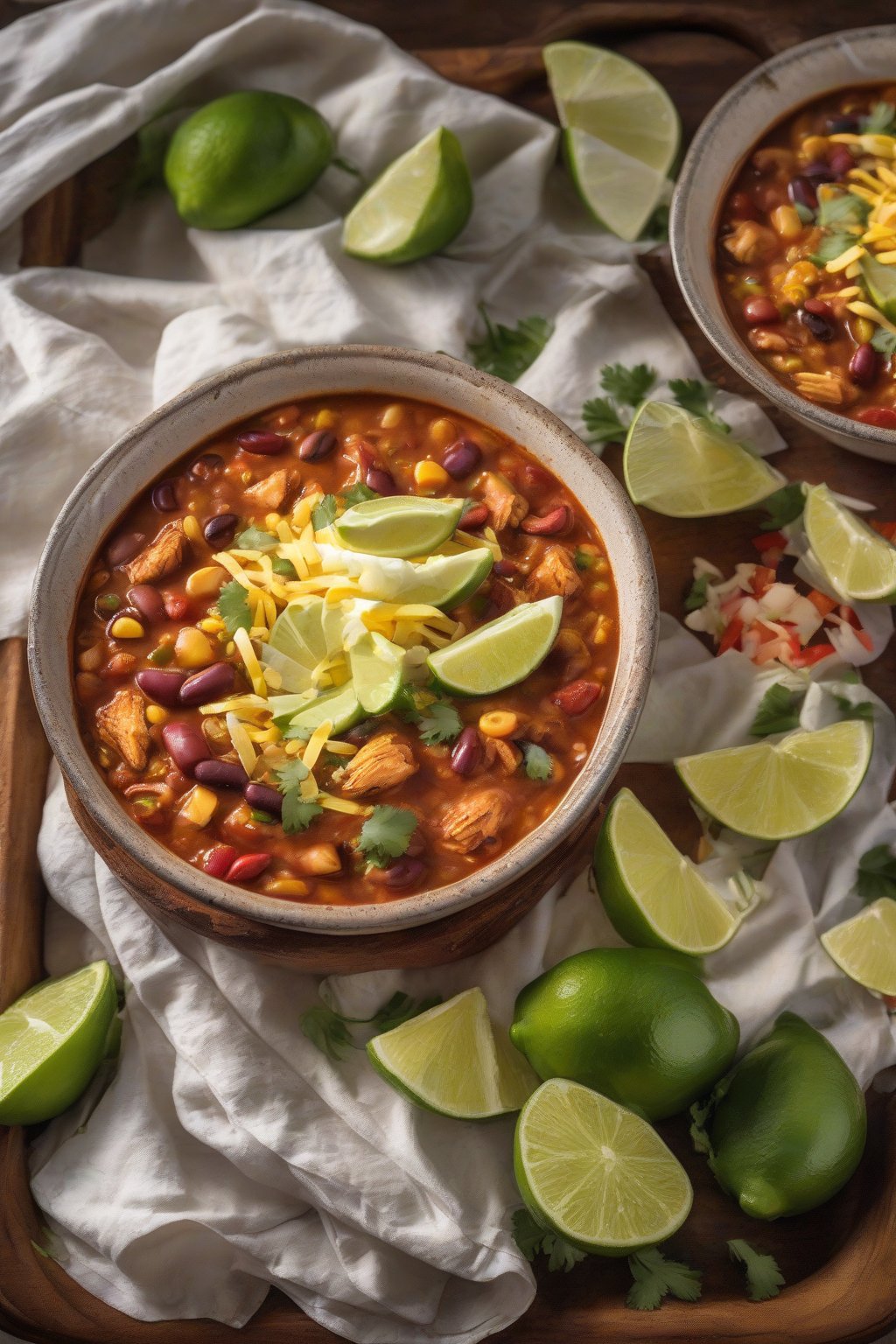 A high-resolution photo of Tex-Mex chicken chili served with lime wedges under soft lighting.