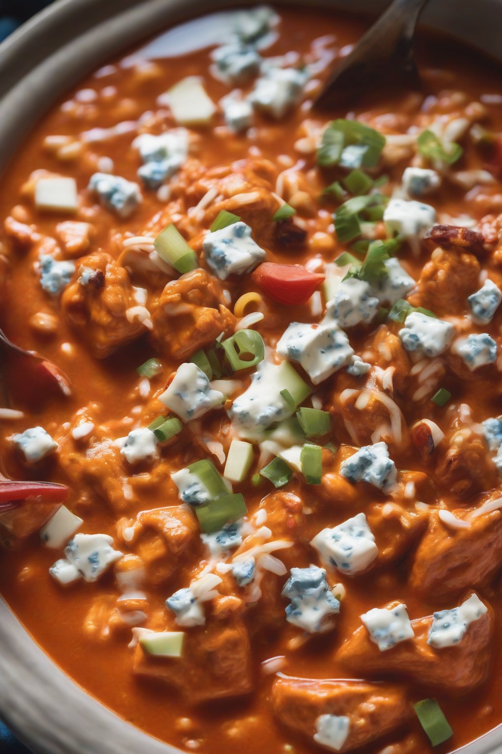 A high-resolution photo of buffalo chicken chili topped with blue cheese under soft lighting.