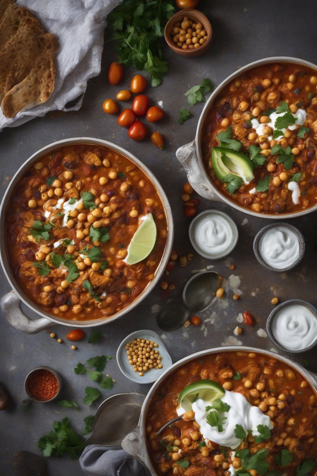 A high-resolution photo of Moroccan chicken chili with chickpeas and yogurt swirl under soft lighting.