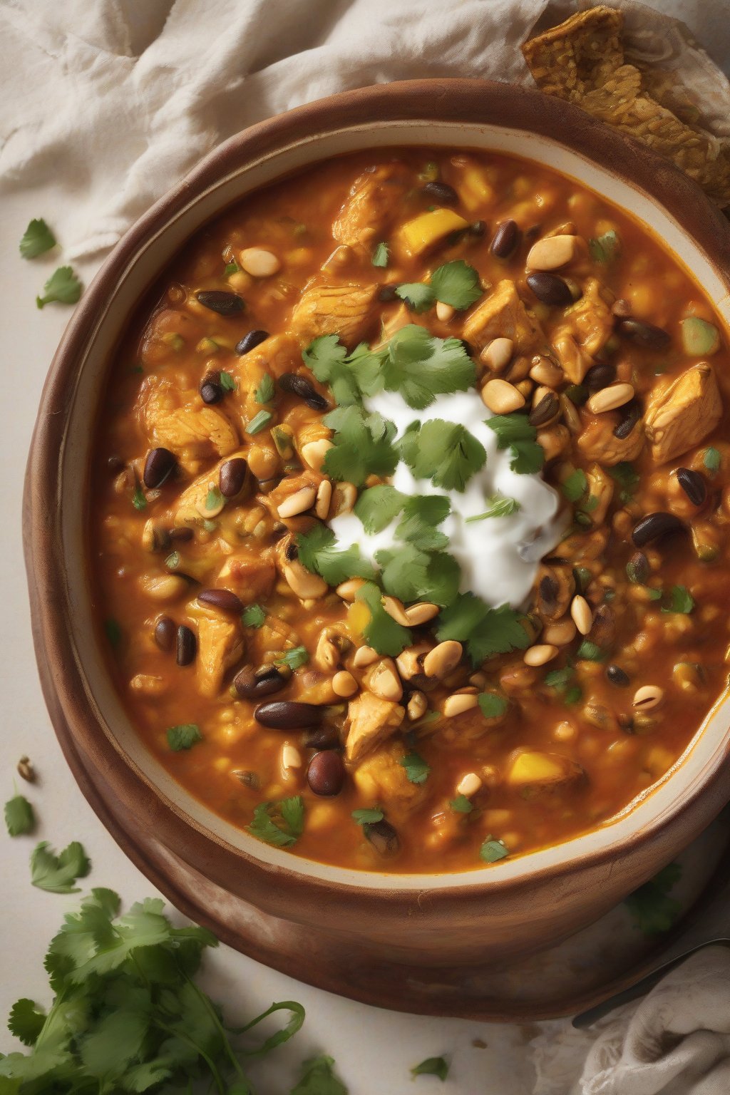 A high-resolution photo of pumpkin chicken chili with pepitas and cilantro under soft lighting.