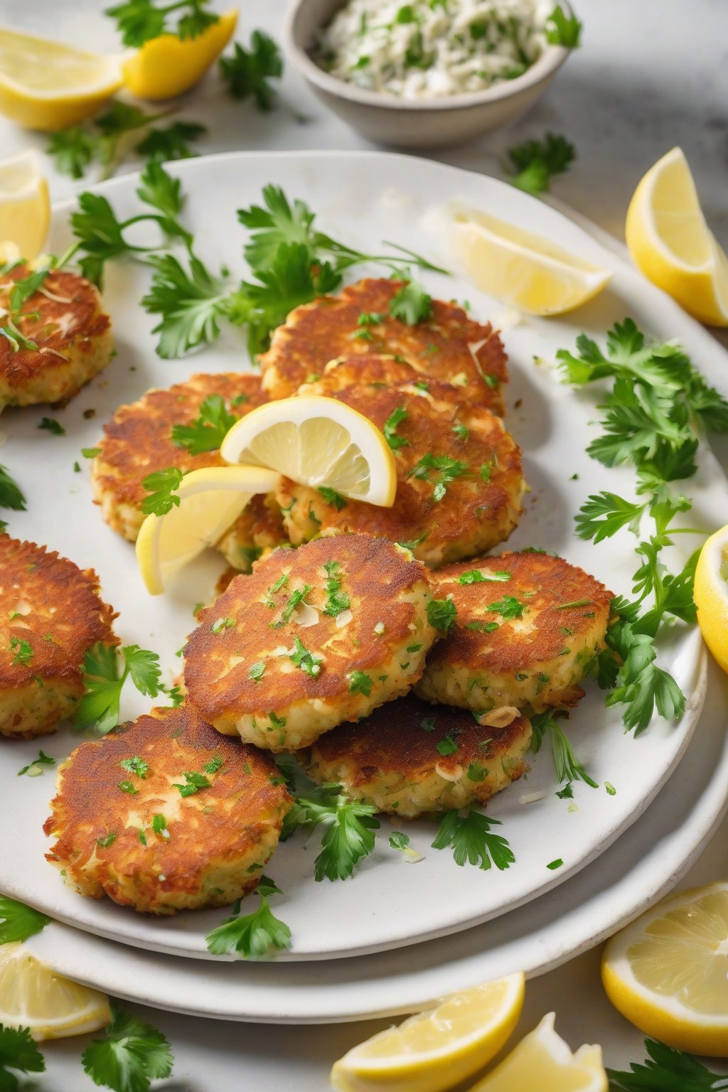 A high-resolution photo of golden crab cakes on a white plate with lemon slices and parsley garnish, crispy edges glistening under soft lighting.