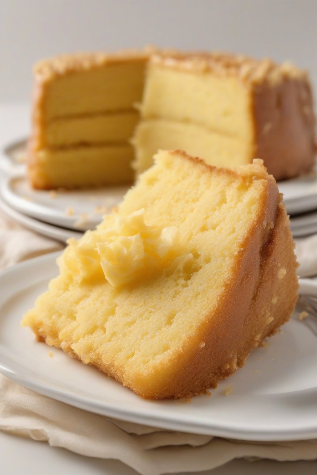 A high-resolution photo of a sliced classic golden yellow cake on a white plate, showing moist crumb and golden crust, under soft lighting.