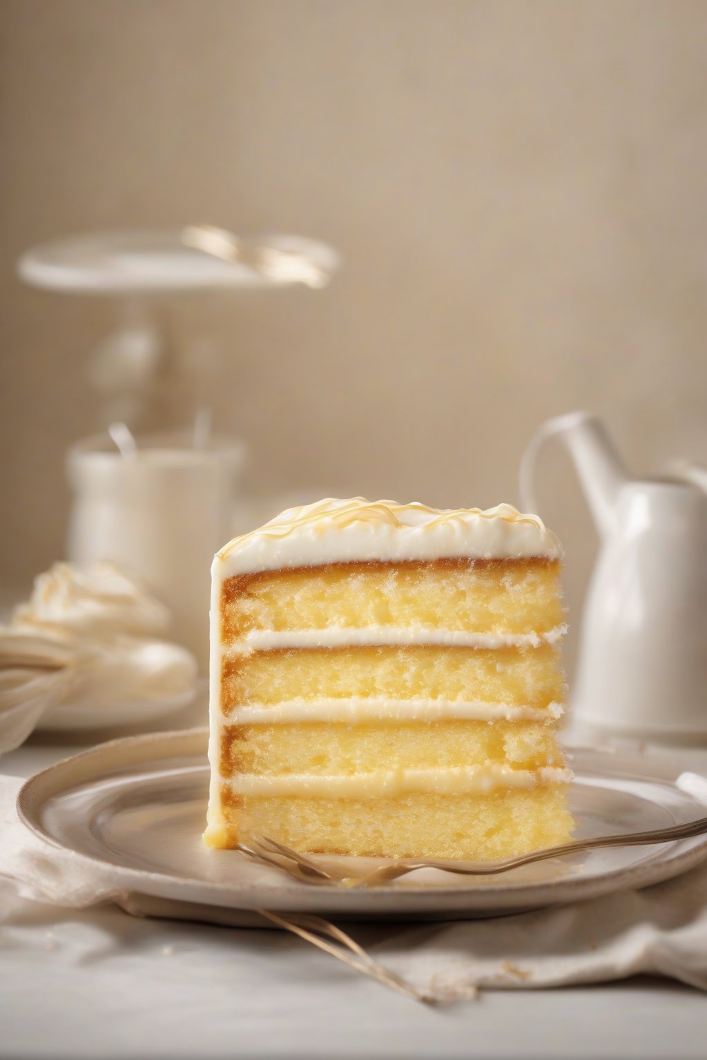 A high-resolution photo of a buttermilk golden yellow cake with fluffy layers, drizzled icing, under soft lighting.
