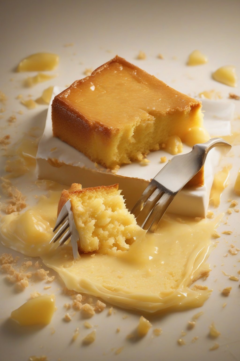 A high-resolution photo of a moist oil-based golden yellow cake square, fork cutting through, under soft lighting.