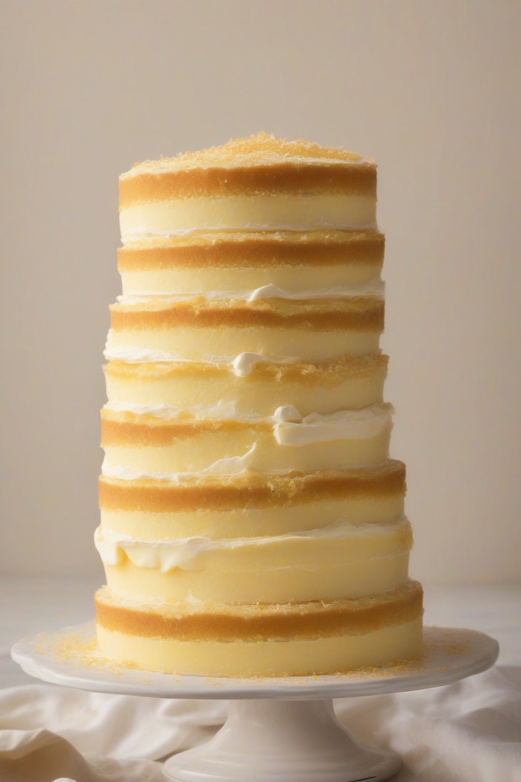 A high-resolution photo of sour cream golden yellow cake layers with cream filling, under soft lighting.