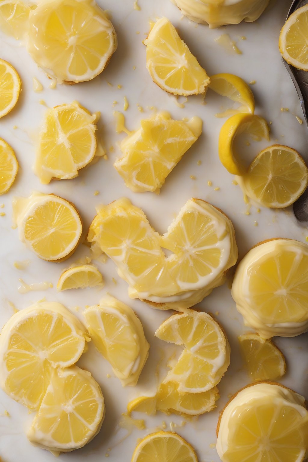 A high-resolution photo of lemon zest golden yellow cake topped with glaze, vibrant slices, under soft lighting.