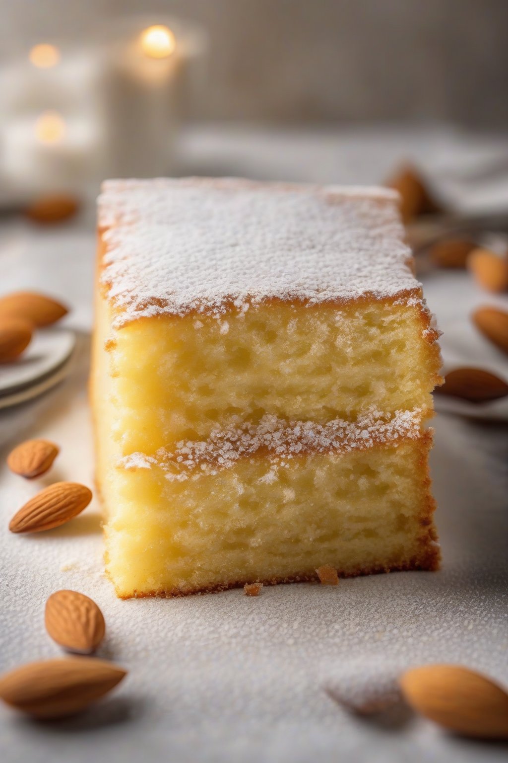 A high-resolution photo of almond golden yellow cake dusted with powdered sugar, elegant slice, under soft lighting.