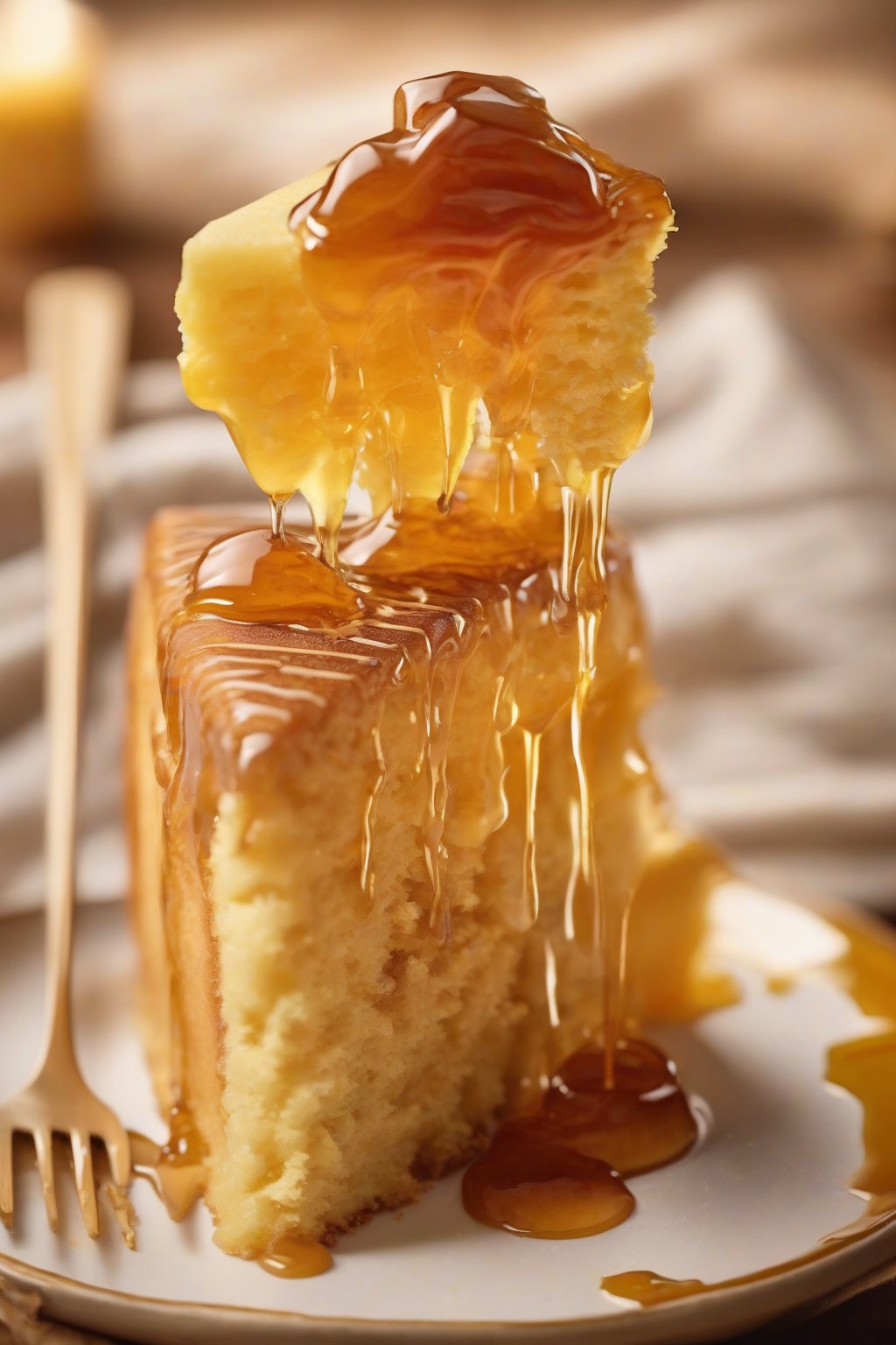 A high-resolution photo of honey golden yellow cake with honey drizzle, warm tones, under soft lighting.