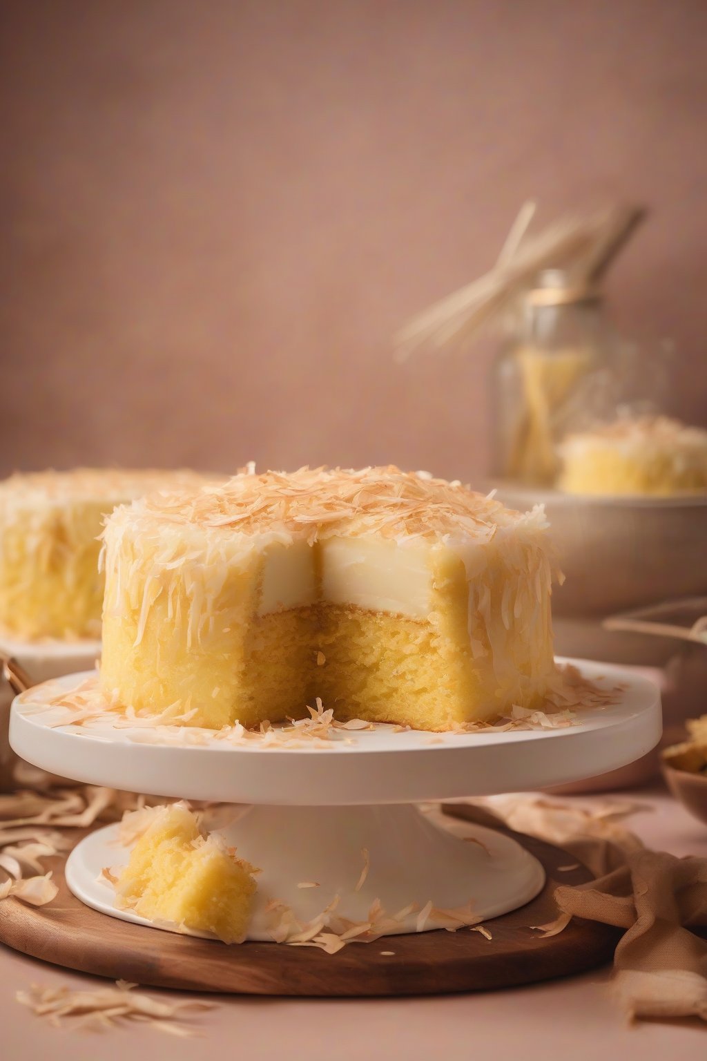A high-resolution photo of coconut golden yellow cake with toasted shreds, tropical vibe, under soft lighting.