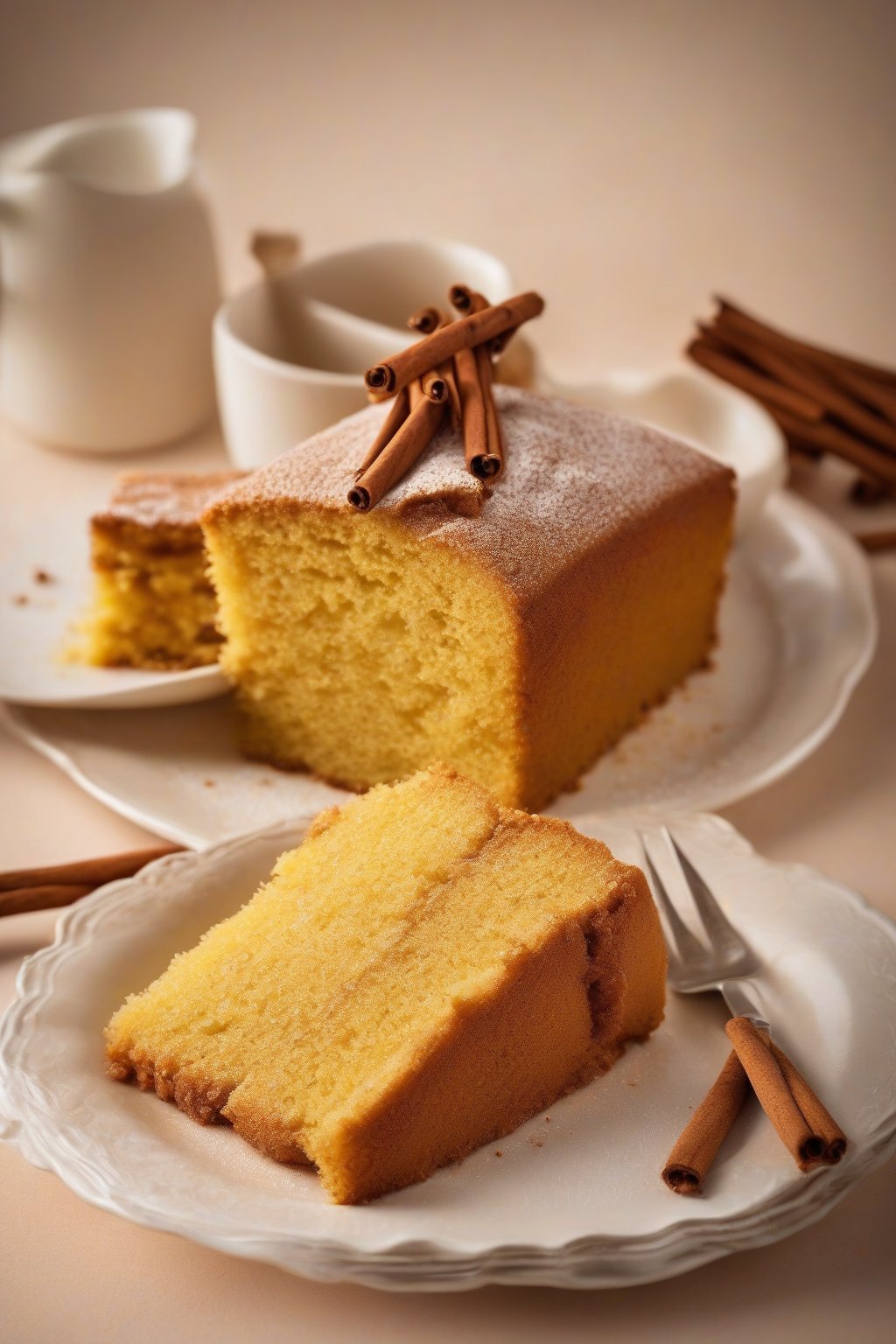A high-resolution photo of spice golden yellow cake with cinnamon dusting, inviting slice, under soft lighting.