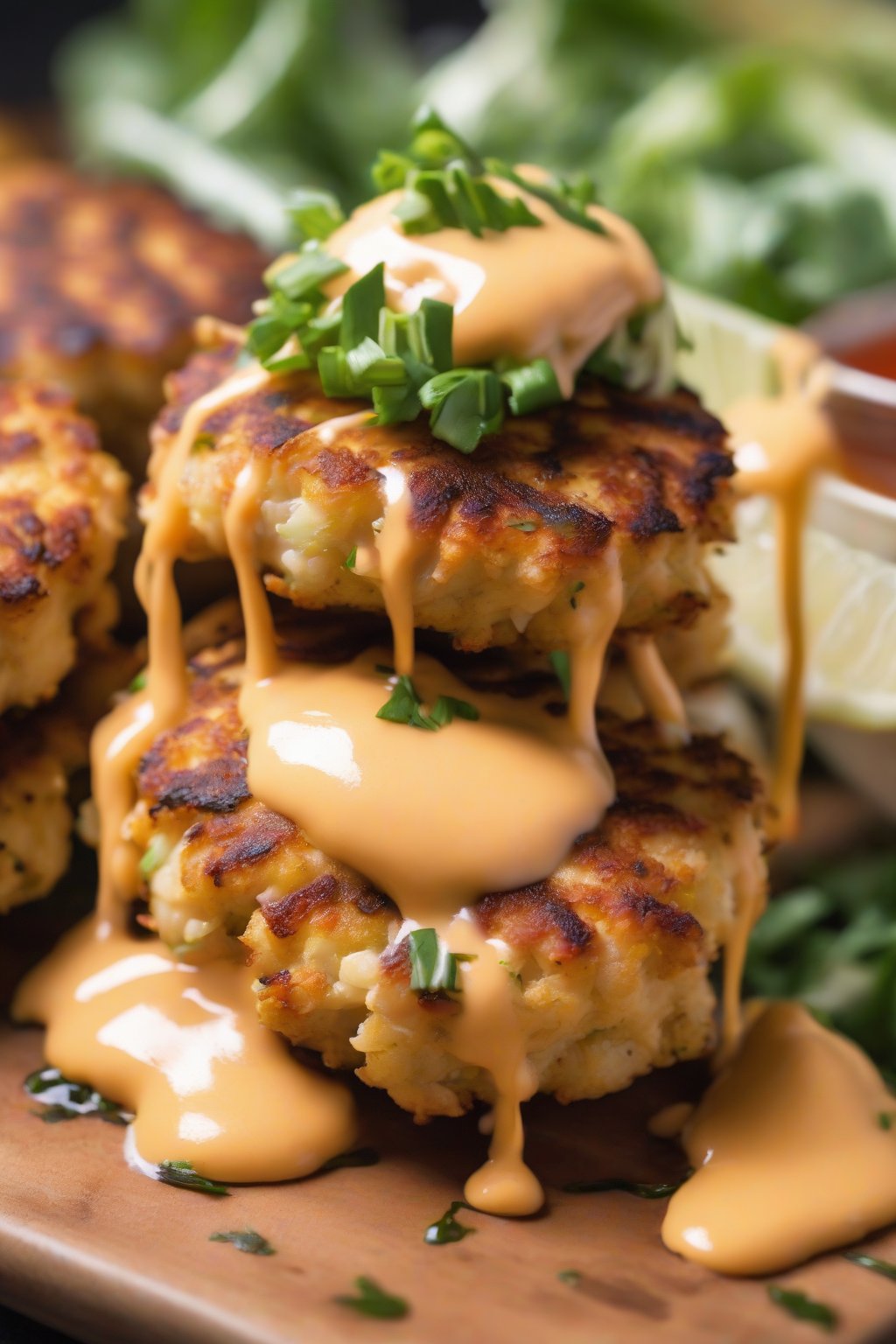 A close-up photo of spicy golden crab cakes drizzled with sriracha aioli, steam rising slightly under soft lighting.