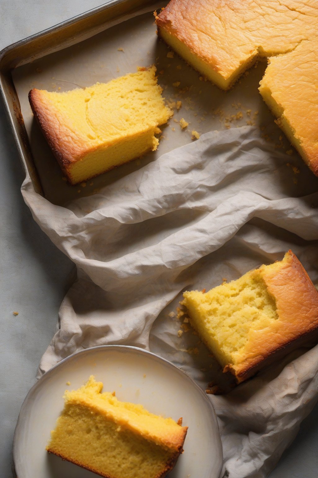 A high-resolution photo of one-bowl golden yellow cake fresh from oven, rustic sheet pan, under soft lighting.
