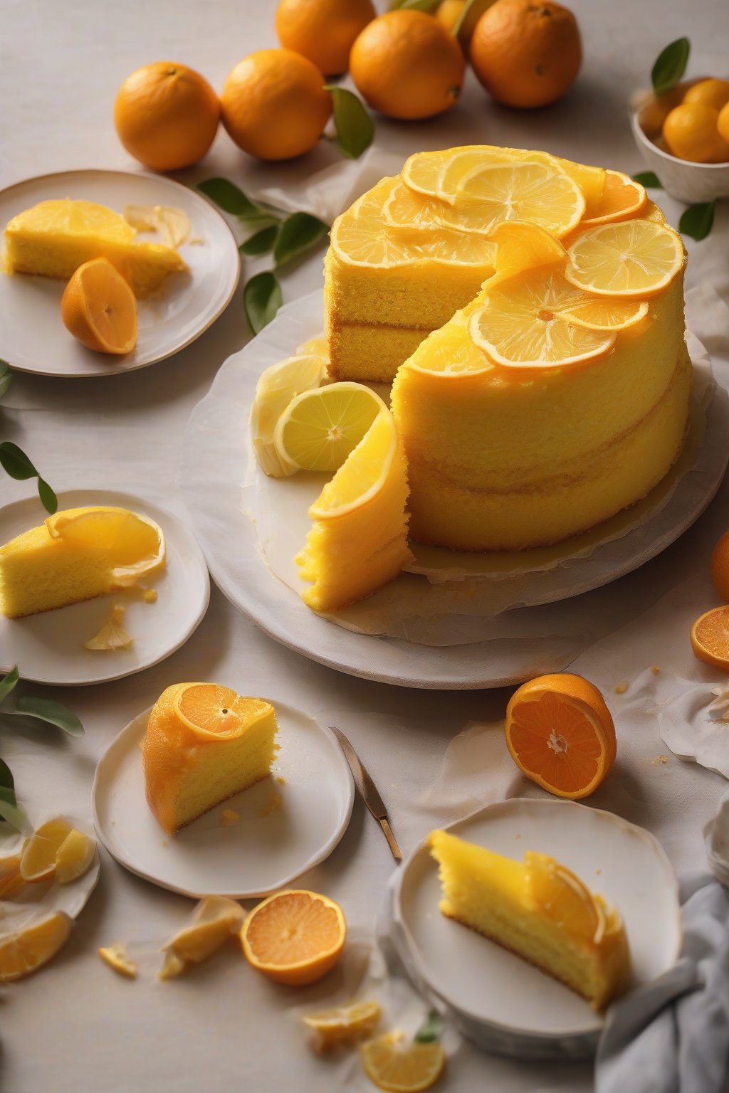 A high-resolution photo of orange golden yellow cake with citrus slices garnish, bright and juicy, under soft lighting.