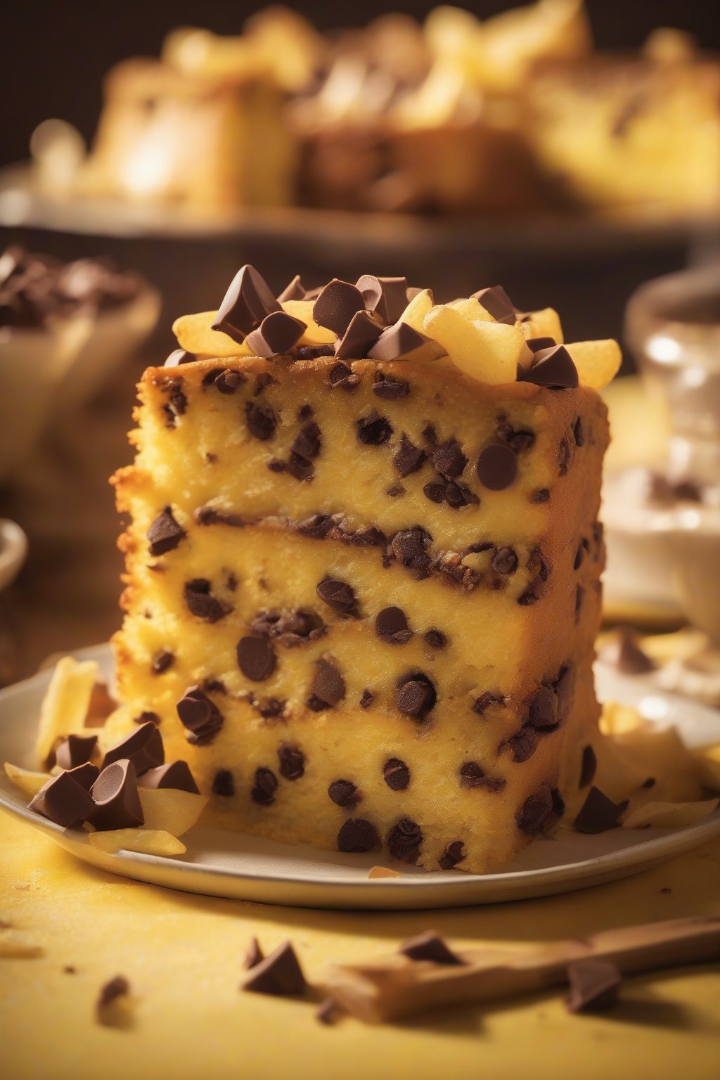 A high-resolution photo of chocolate chip golden yellow cake, chips oozing, under soft lighting.