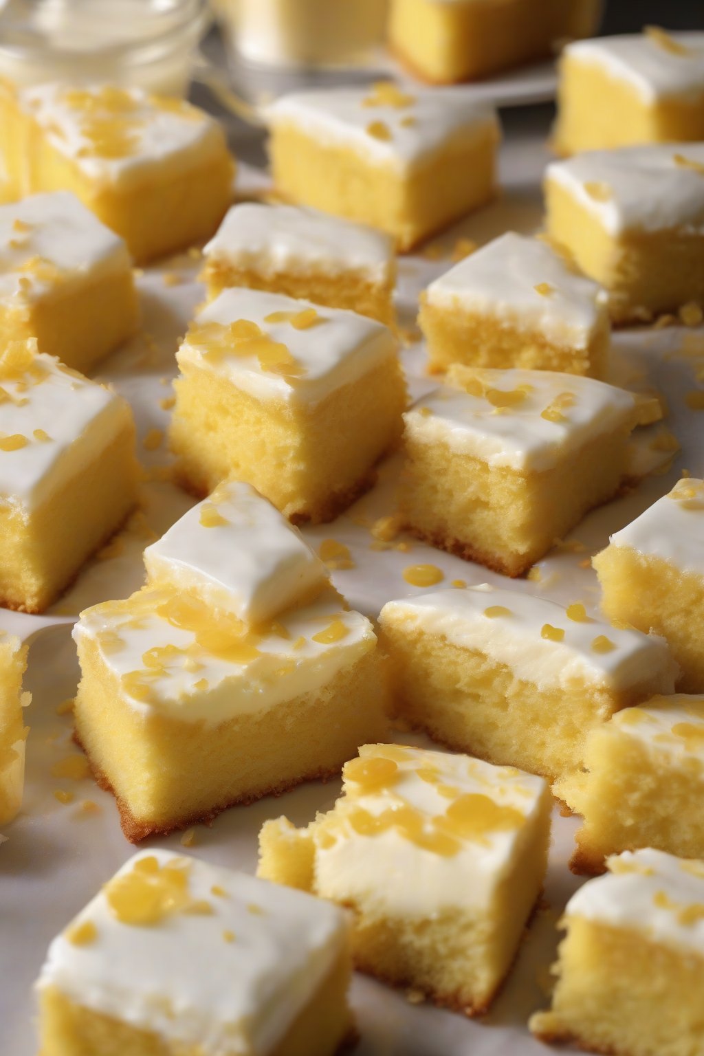 A high-resolution photo of yogurt golden yellow cake, creamy interior visible, under soft lighting.