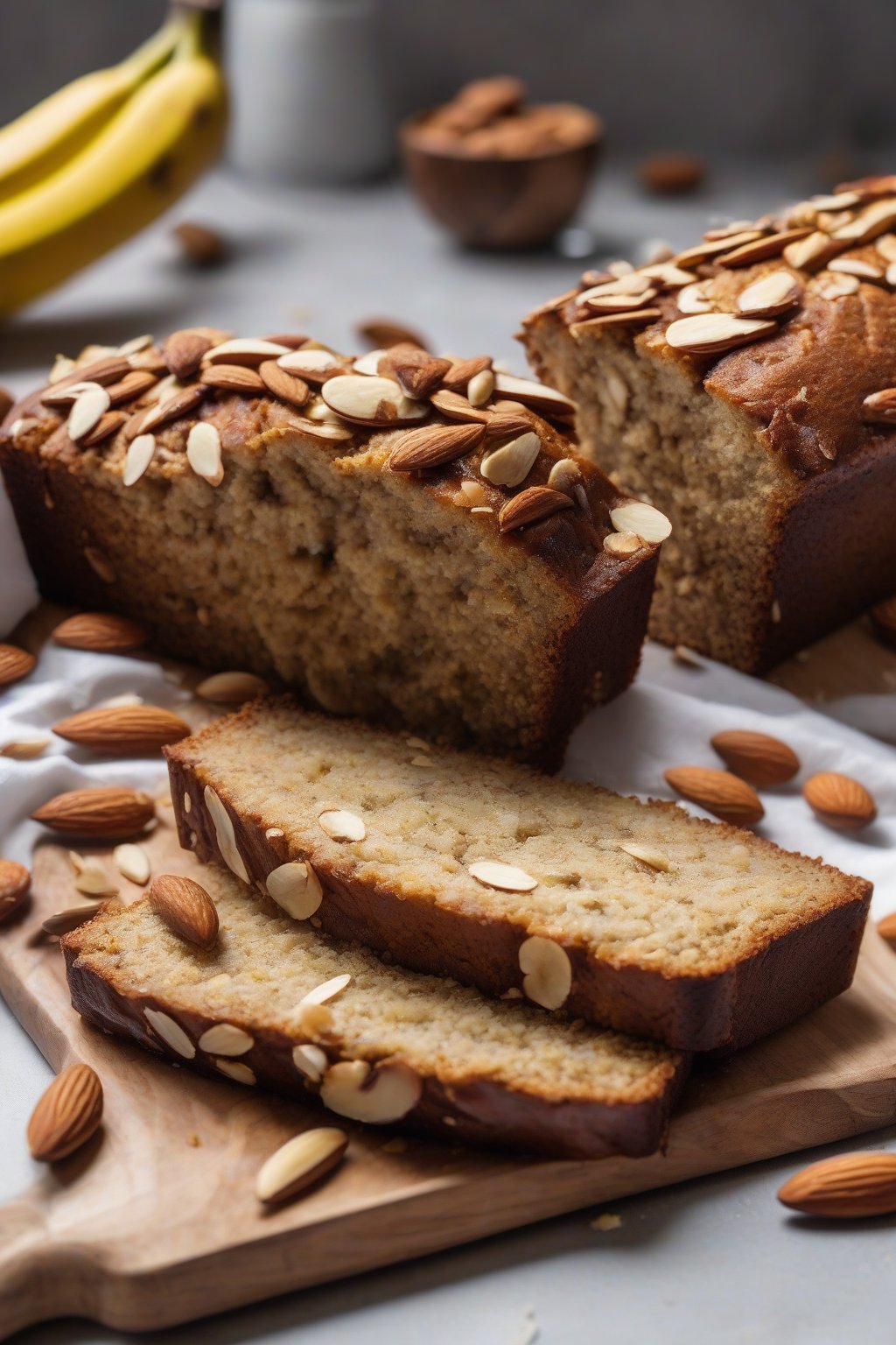 A high-resolution photo of a sliced loaf of almond flour banana bread topped with almonds, revealing a moist golden interior, under soft lighting.