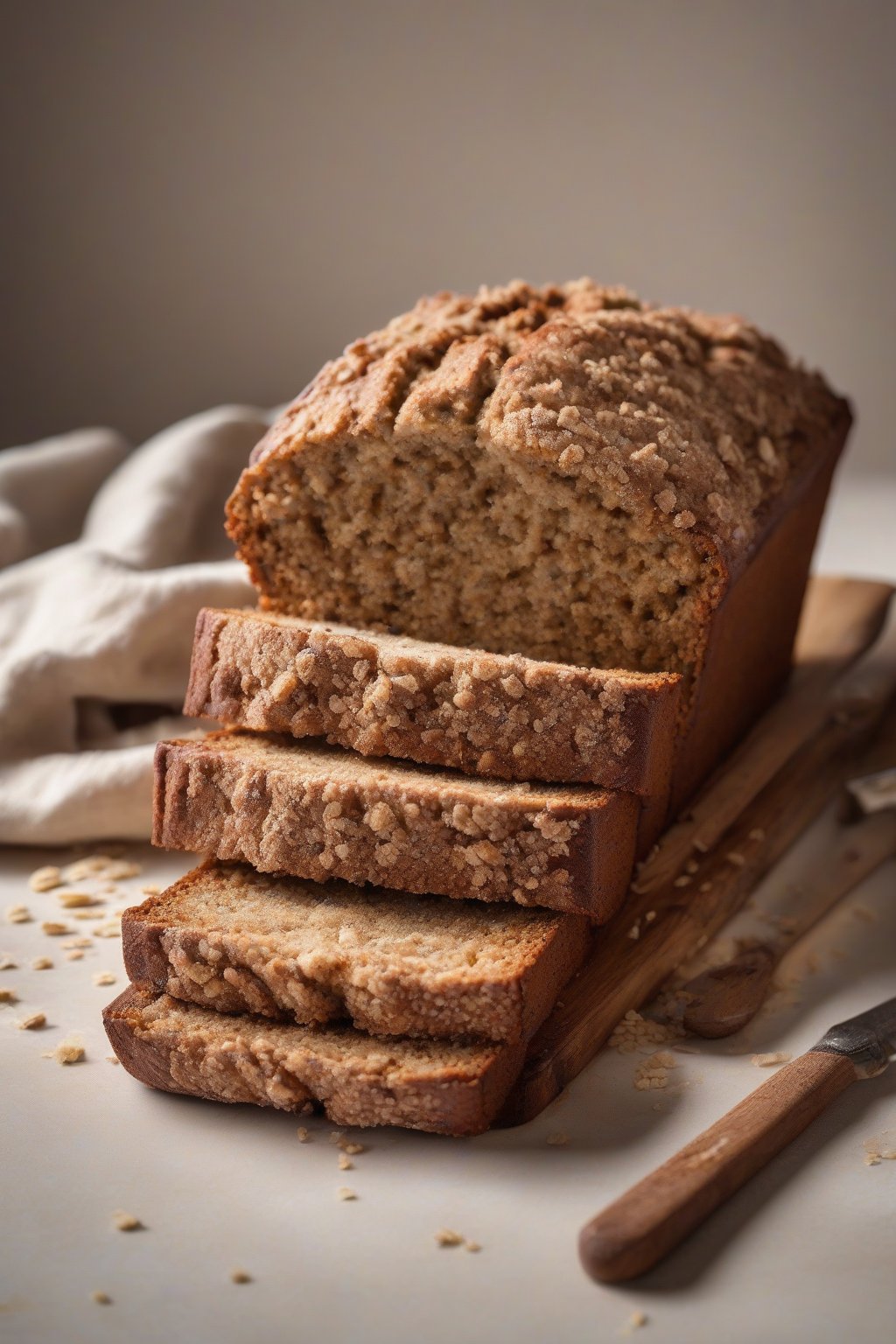 A high-resolution photo of oat flour banana bread loaf with a rustic crumb, dusted with cinnamon, under soft lighting.