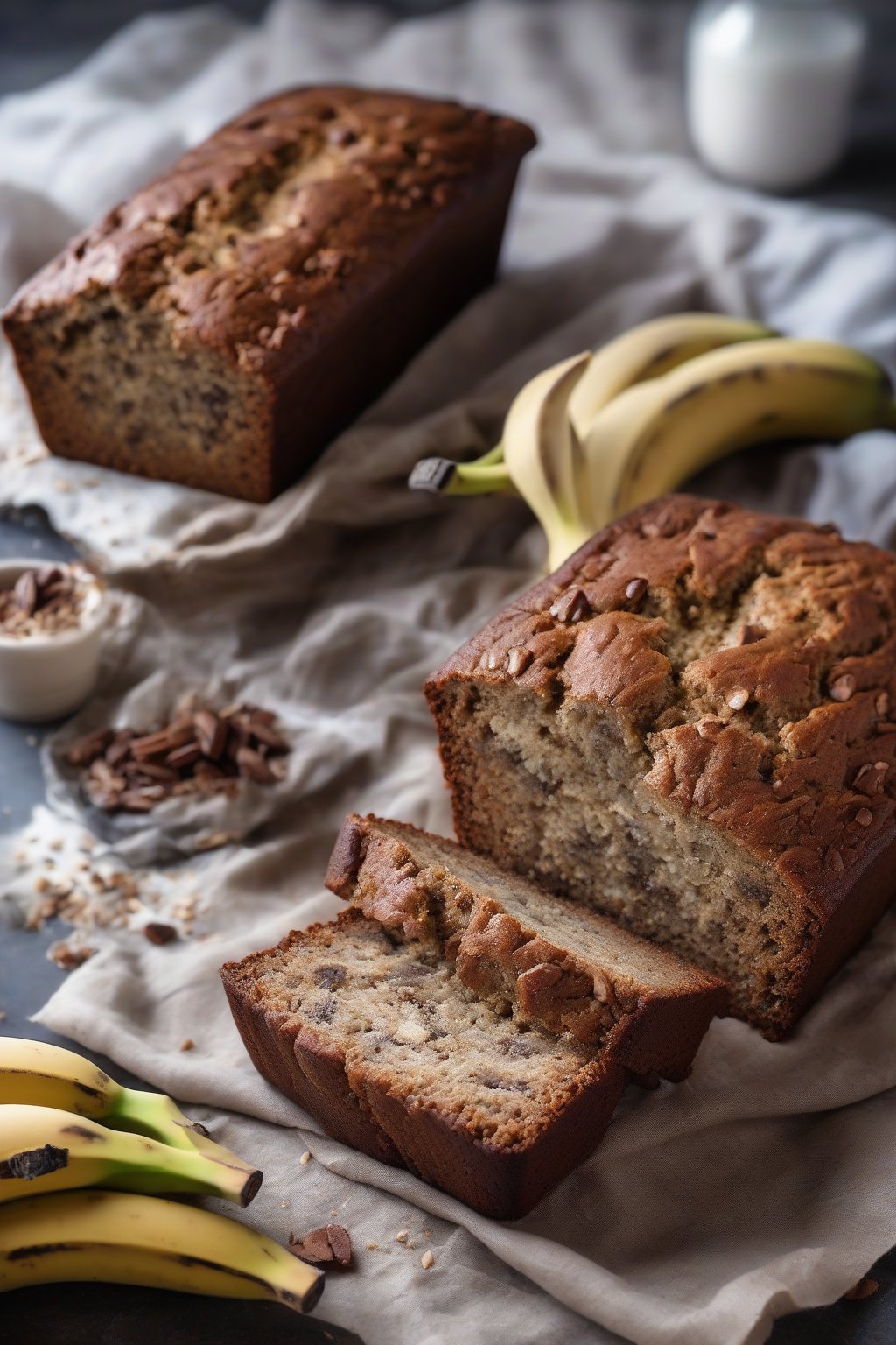 A high-resolution photo of paleo banana bread loaf with a crackly top, interior moist and dense, under soft lighting.
