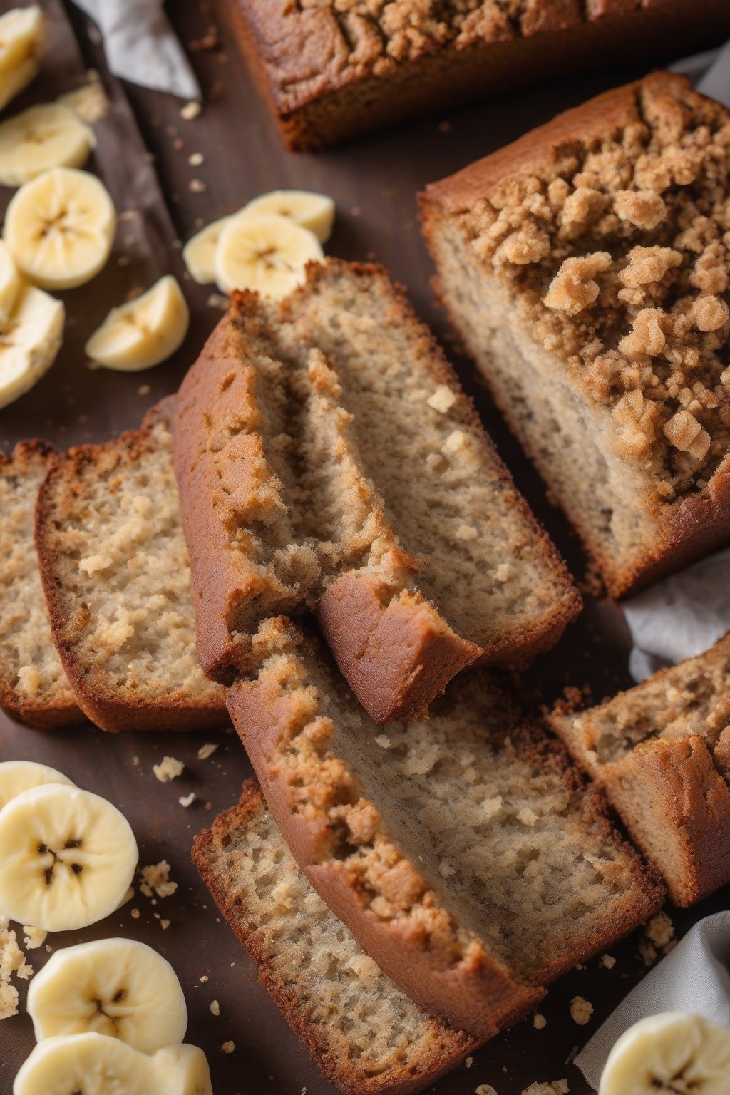 A high-resolution photo of keto banana bread slices with buttery crumb, no visible fruit chunks, under soft lighting.