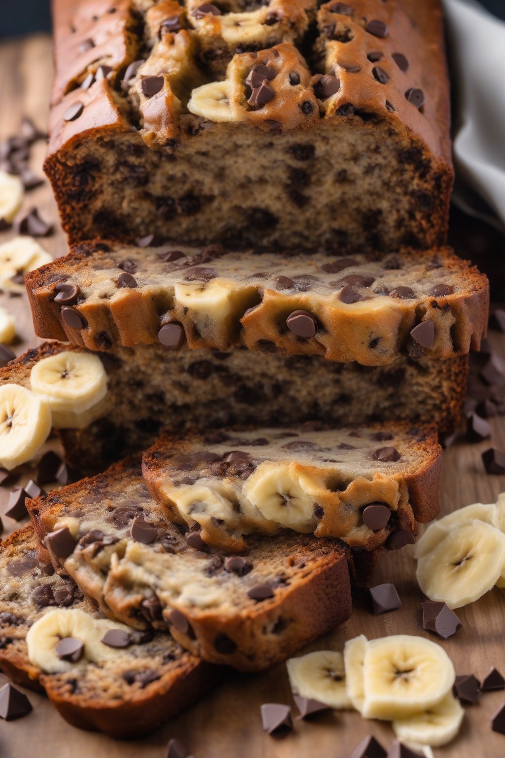 A high-resolution photo of chocolate chip banana bread oozing melty chips when sliced, under soft lighting.