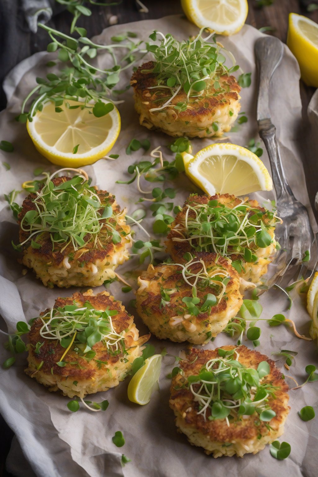 A high-resolution photo of lemon-herb golden crab cakes topped with microgreens and lemon curls, served on a rustic board under soft lighting.