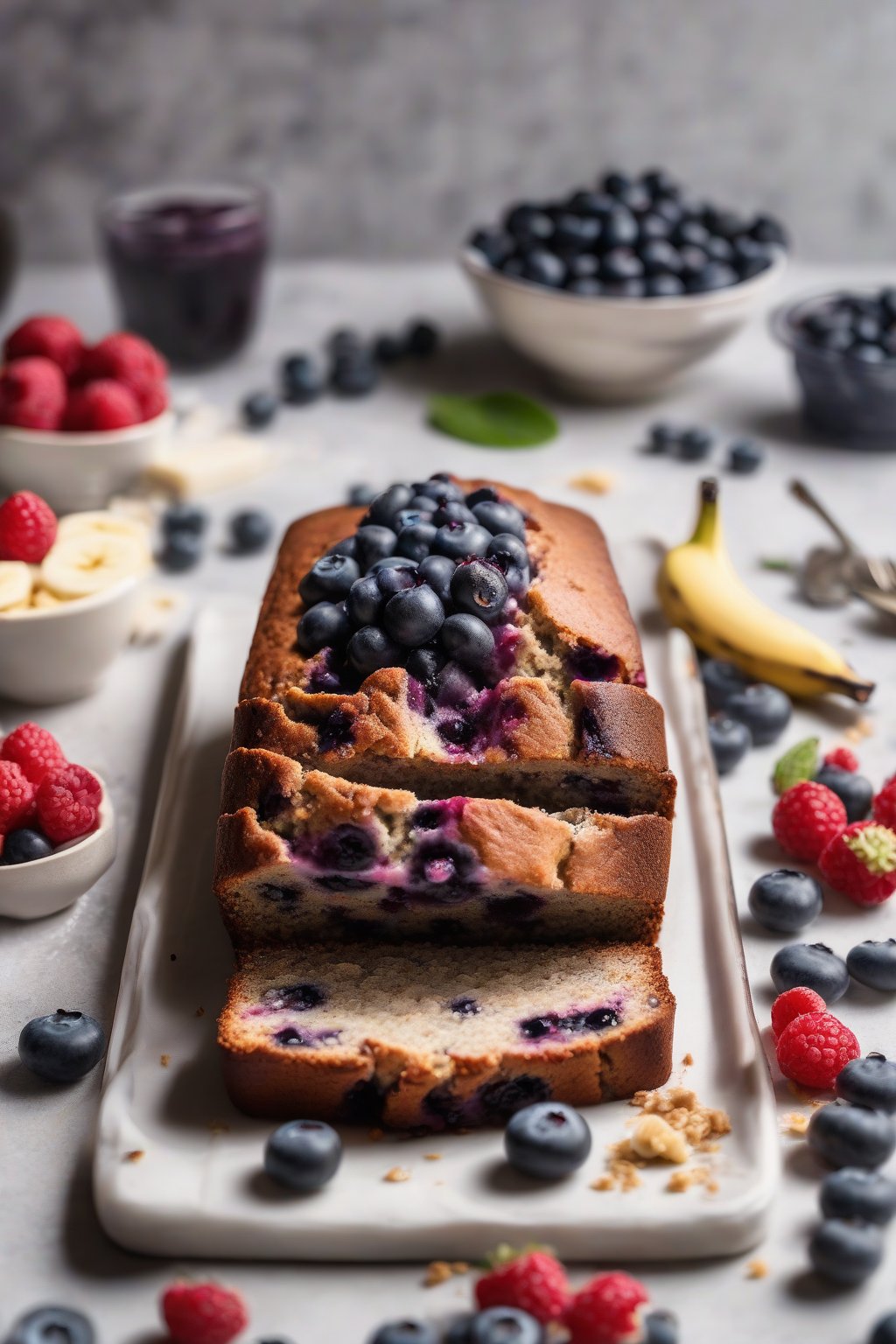 A high-resolution photo of blueberry banana bread slice with juicy berries spilling out, under soft lighting.
