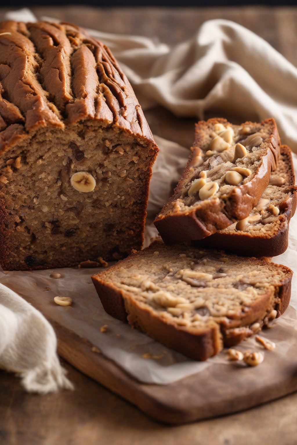 A high-resolution photo of peanut butter banana bread with visible swirls and nutty texture, under soft lighting.