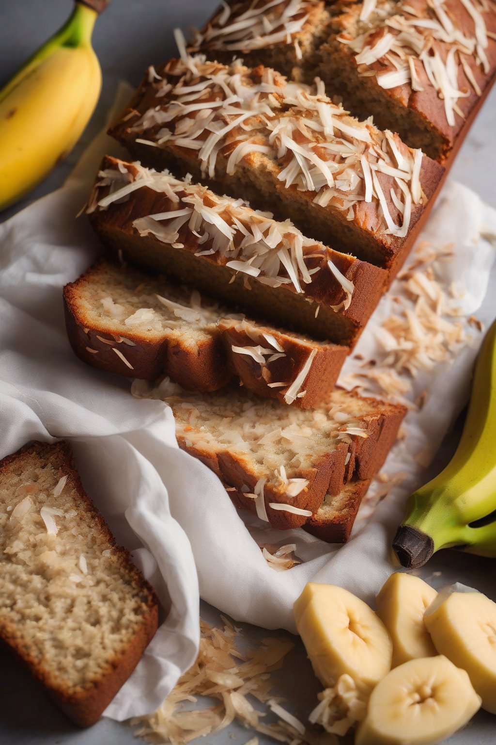 A high-resolution photo of coconut banana bread topped with toasted shreds, moist center exposed, under soft lighting.