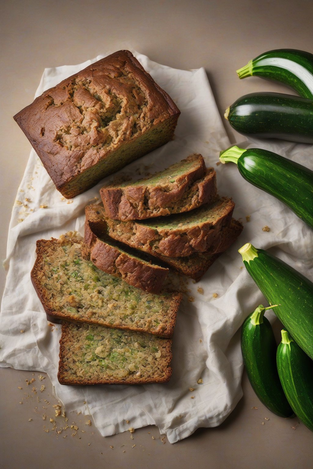 A high-resolution photo of zucchini banana bread with green flecks in the golden crumb, under soft lighting.