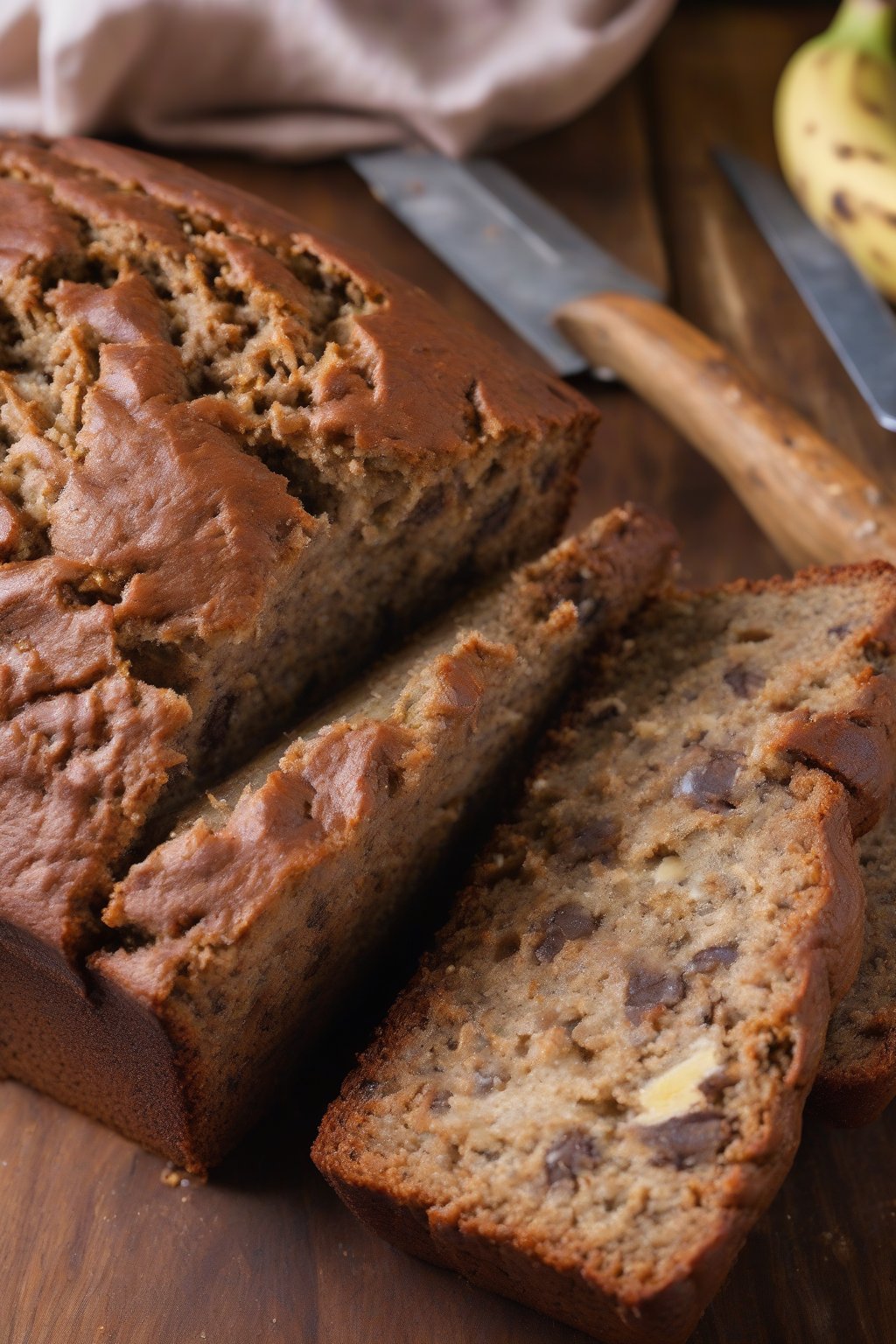 A high-resolution photo of protein banana bread loaf, sliced to show dense, hearty texture, under soft lighting.