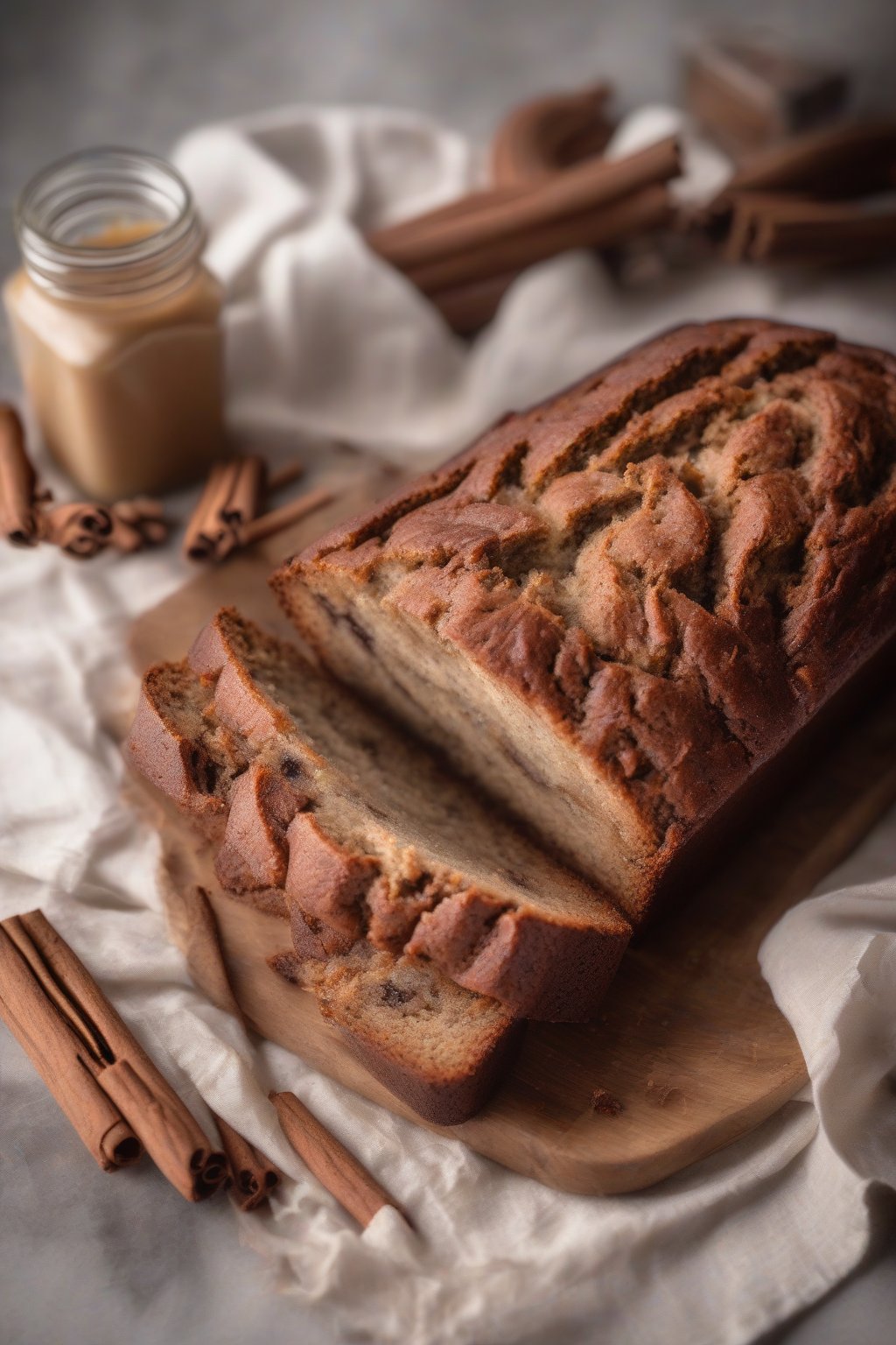 A high-resolution photo of cinnamon swirl banana bread with visible ribbons in the slice, under soft lighting.