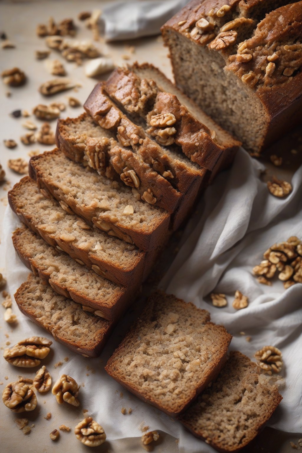 A high-resolution photo of a sliced loaf of whole wheat banana bread revealing a moist crumb, topped with walnuts, under soft lighting.