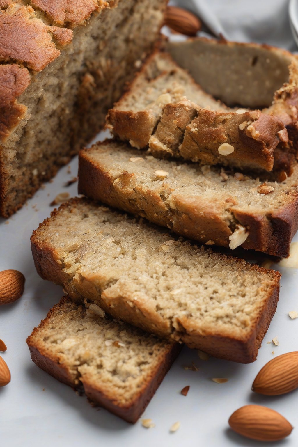 A high-resolution photo of gluten-free almond flour banana bread loaf with a golden crust, sliced to show tender texture, under soft lighting.