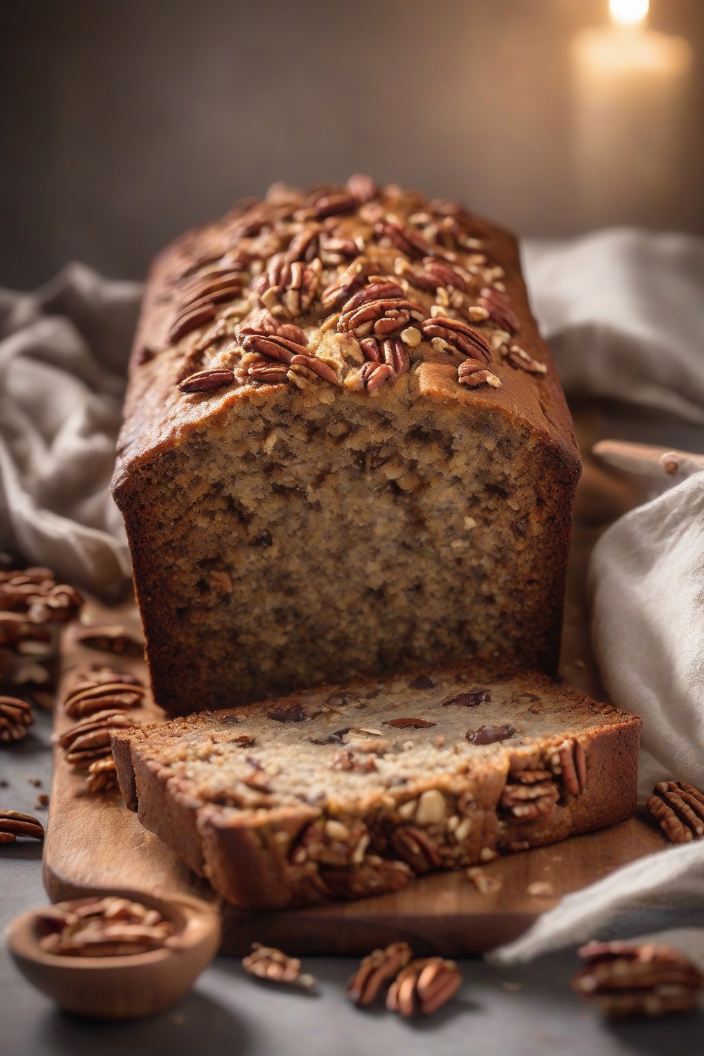 A high-resolution photo of vegan banana bread with a rustic top sprinkled with pecans, steam rising from a fresh slice, under soft lighting.