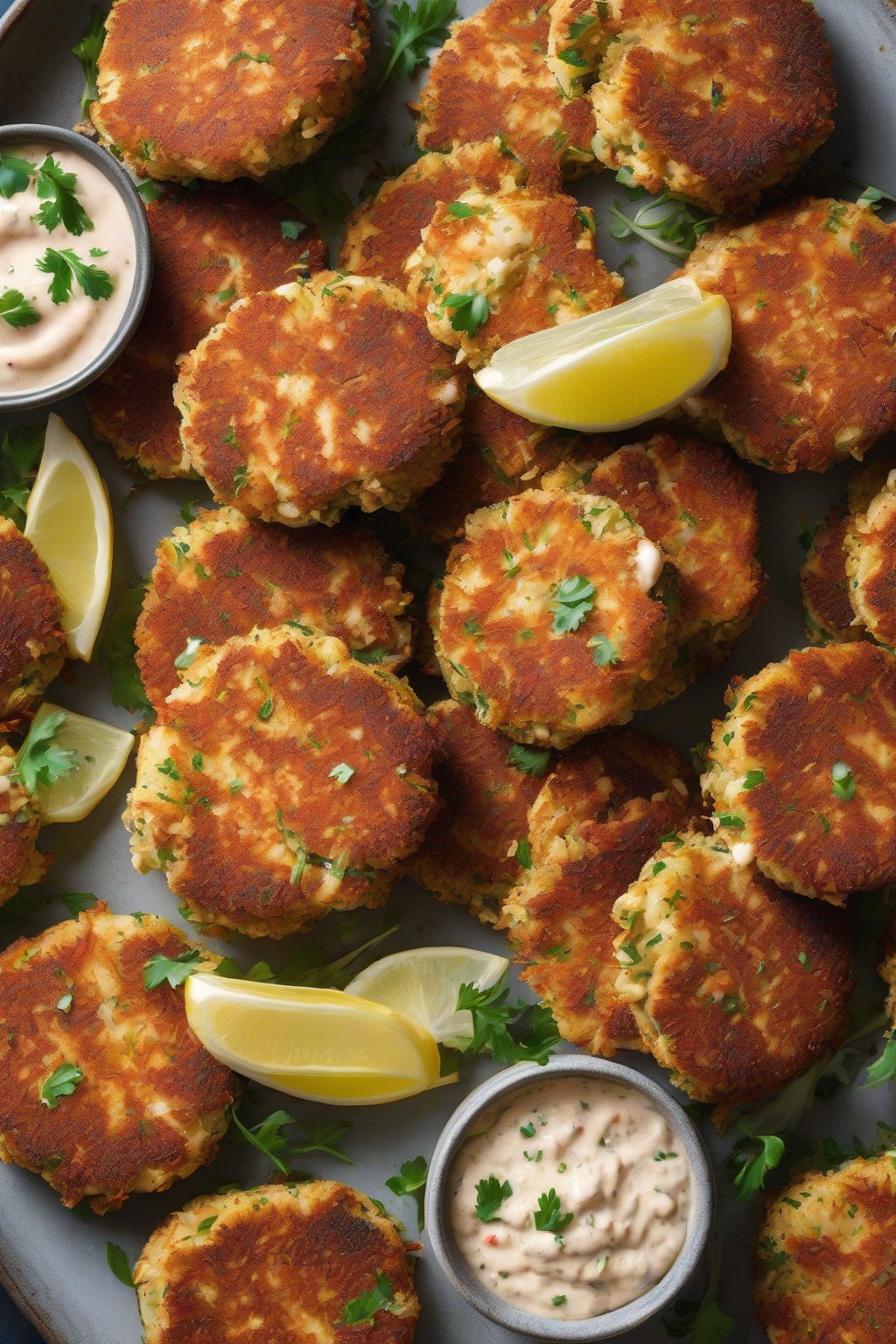A close-up photo of Old Bay-seasoned golden crab cakes with a side of remoulade, golden edges crisp under soft lighting.