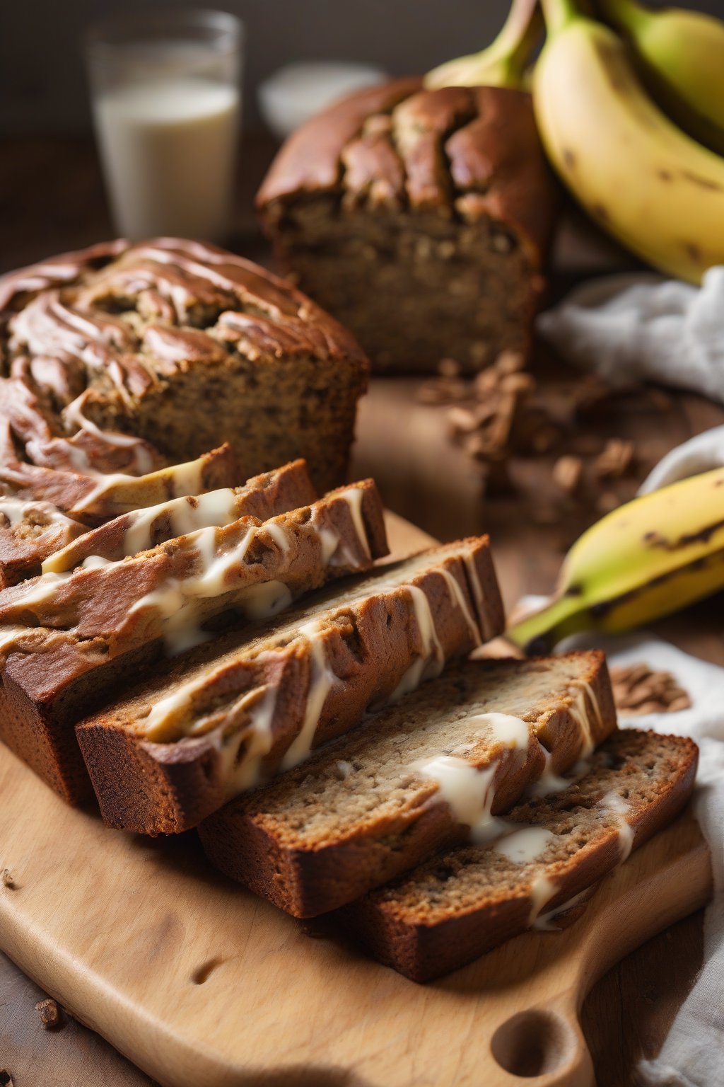 A high-resolution photo of protein-packed banana bread with yogurt-swirled top, thick slices on a wooden board, under soft lighting.