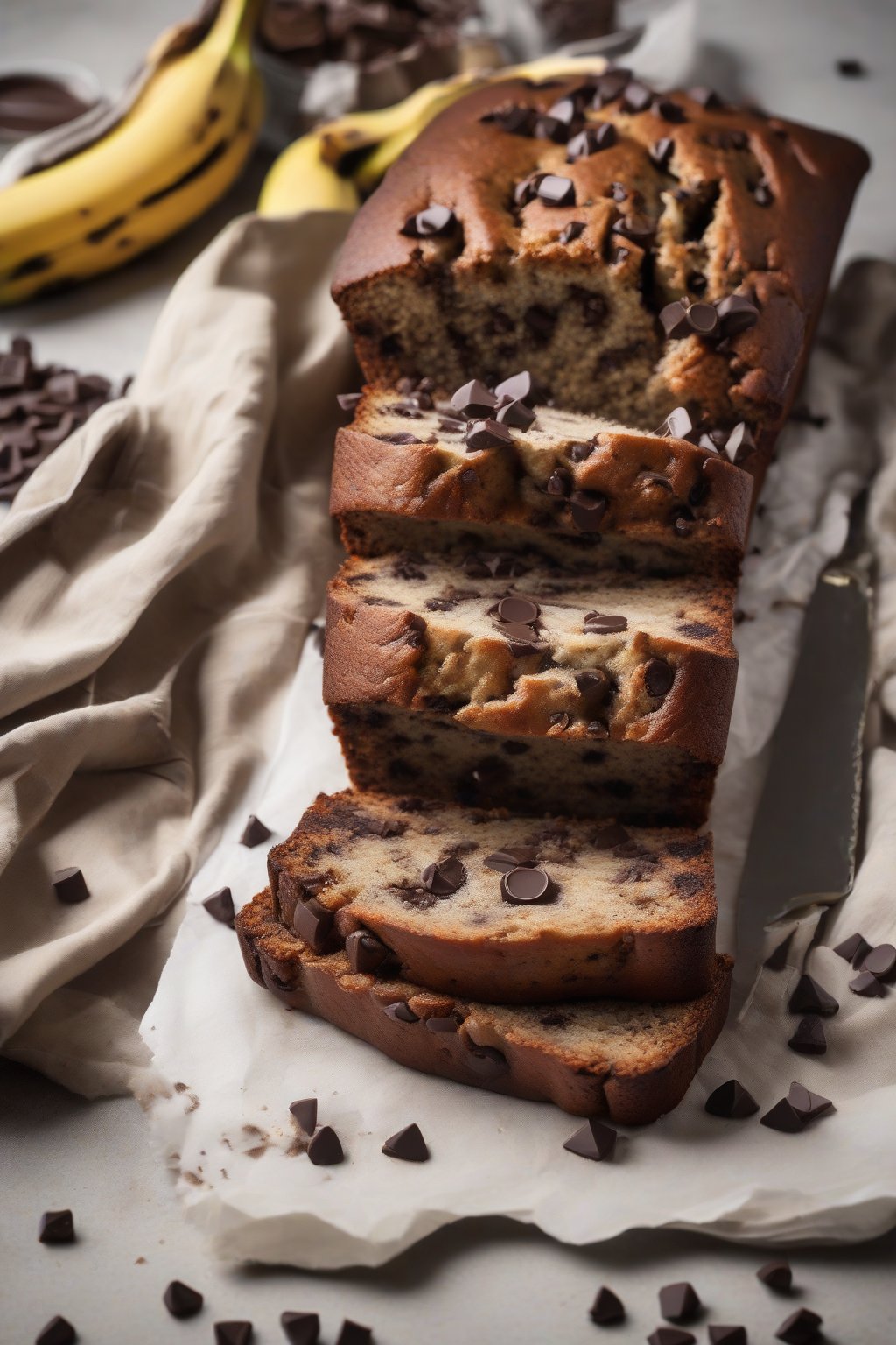 A high-resolution photo of banana bread studded with melted dark chocolate chips, gooey center exposed in a slice, under soft lighting.