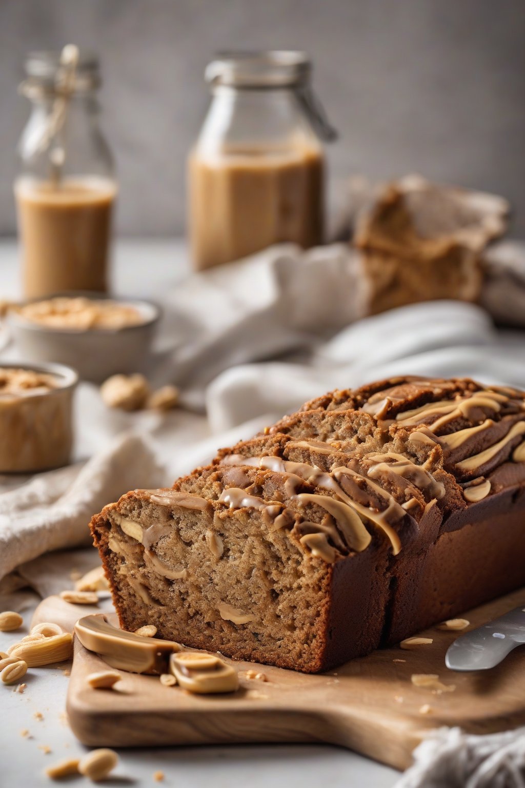 A high-resolution photo of peanut butter banana bread with a swirled PB ribbon on top, sliced to show dense crumb, under soft lighting.