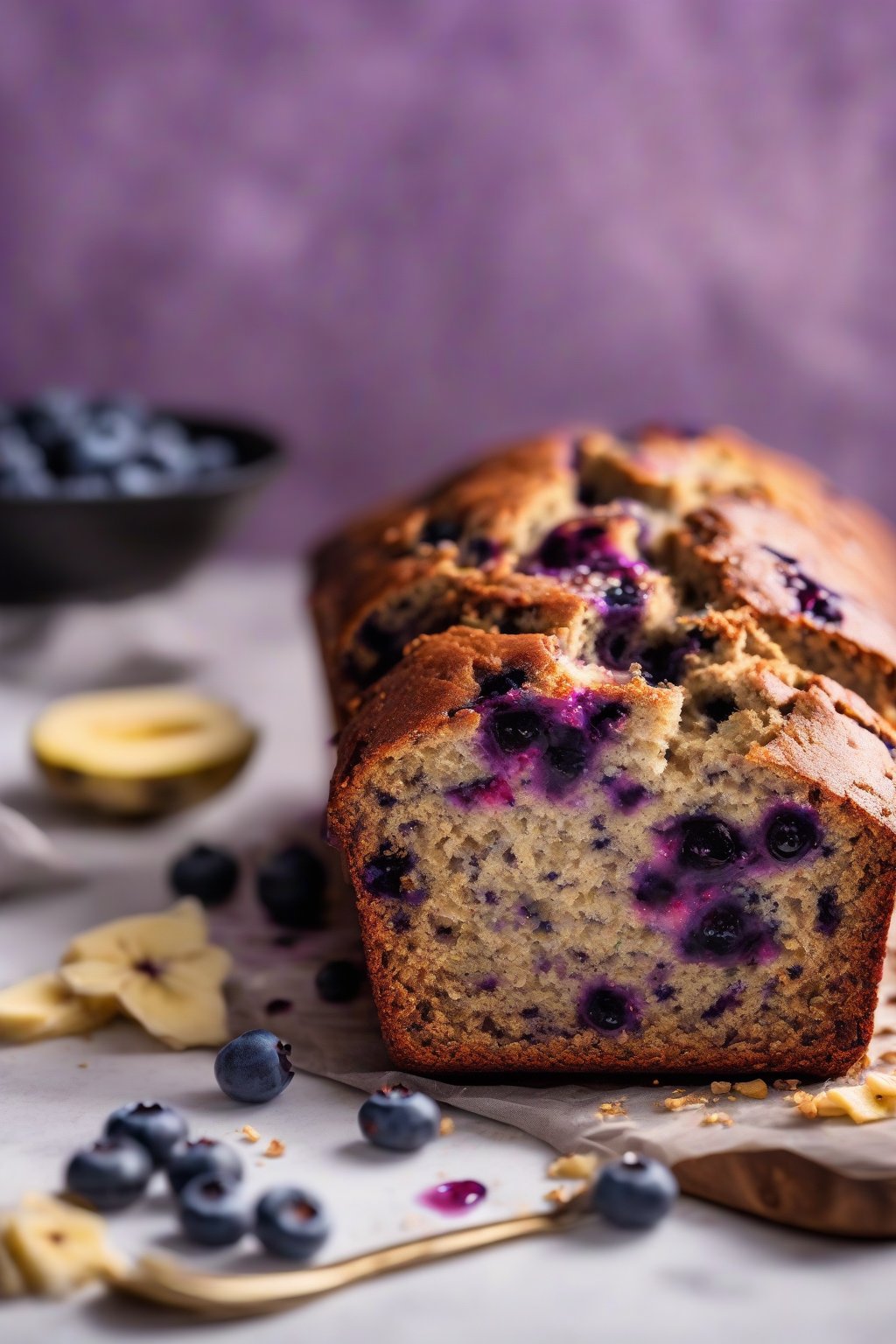 A high-resolution photo of blueberry banana bread with juicy berries spilling out, bright purple flecks in golden slices, under soft lighting.