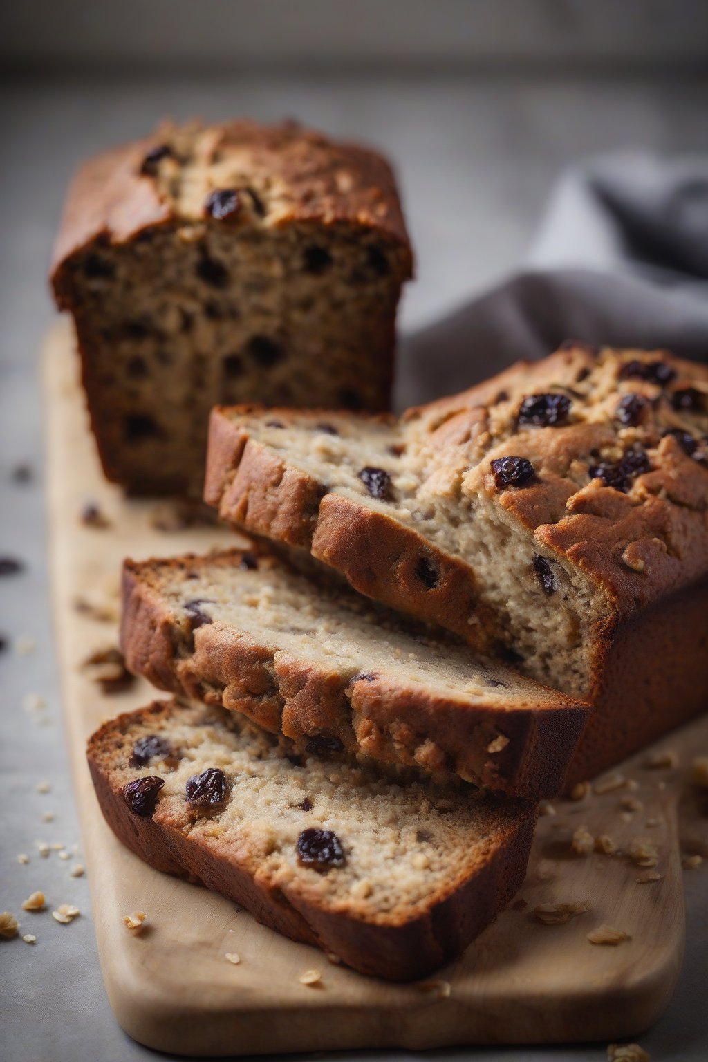 A high-resolution photo of oat flour banana bread loaf with raisins peeking through, crumbly top, under soft lighting.