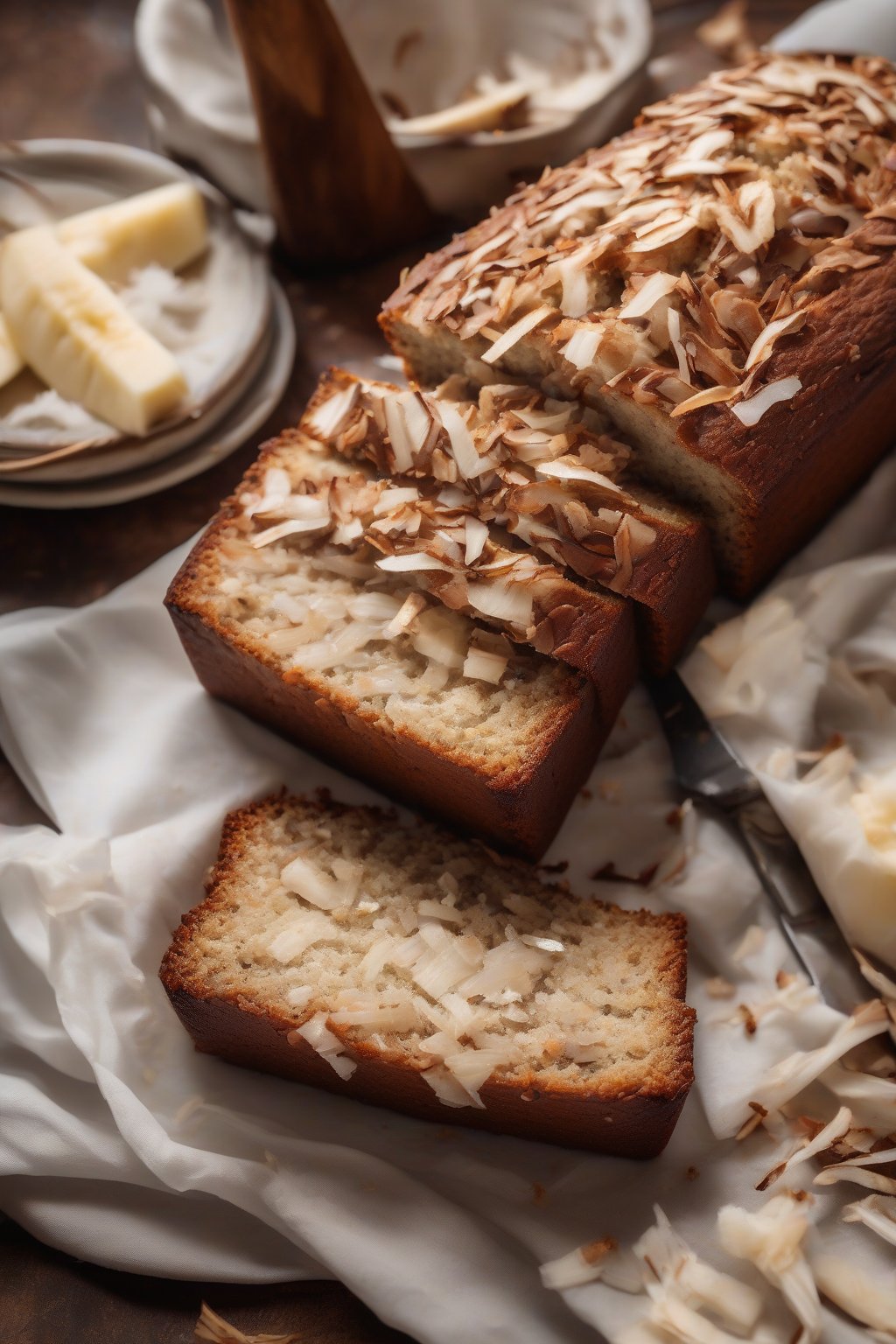 A high-resolution photo of coconut banana bread with toasted shreds on top, moist interior in a slice, under soft lighting.