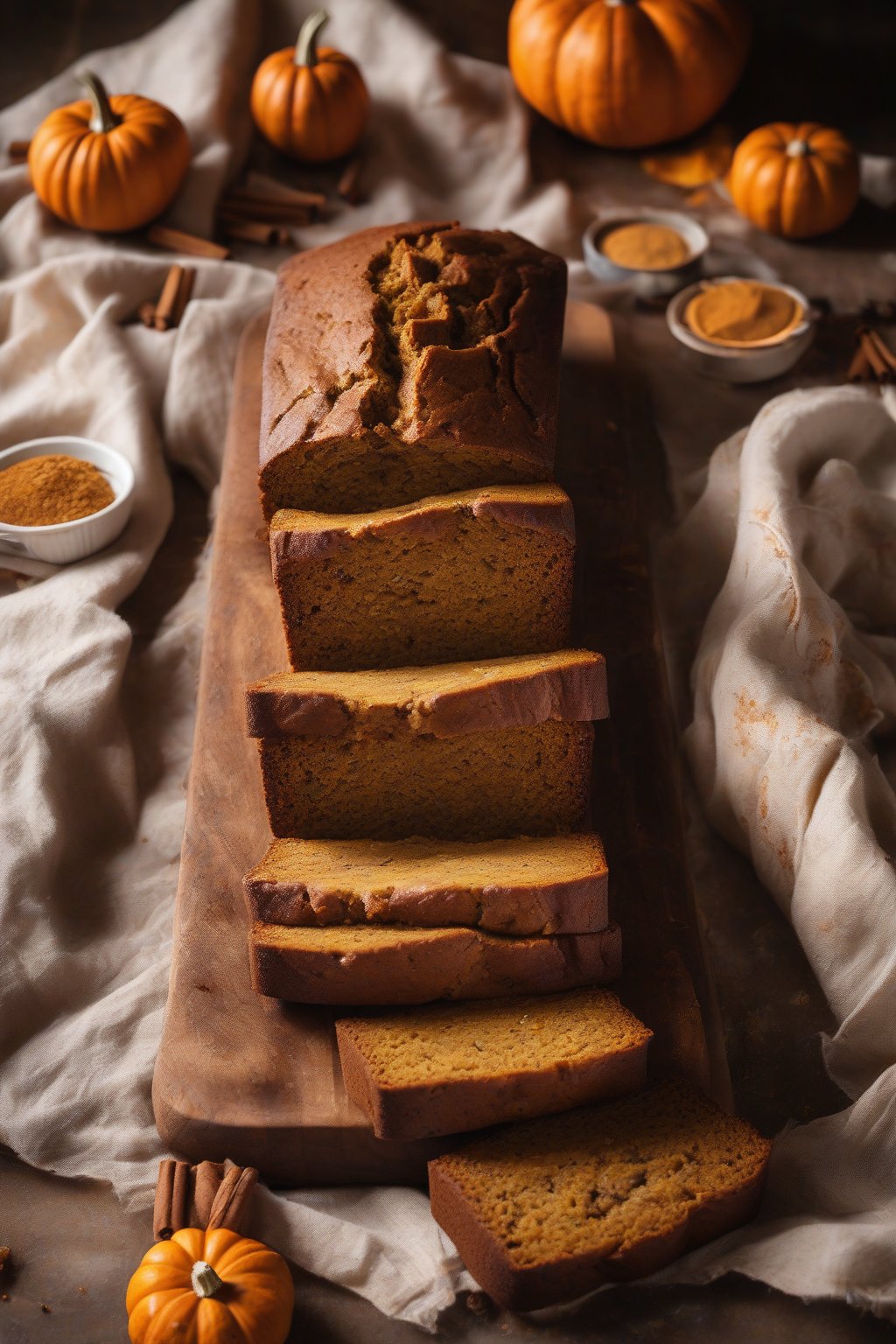 A high-resolution photo of pumpkin spice banana bread with warm orange hue, spice-dusted slices, under soft lighting.