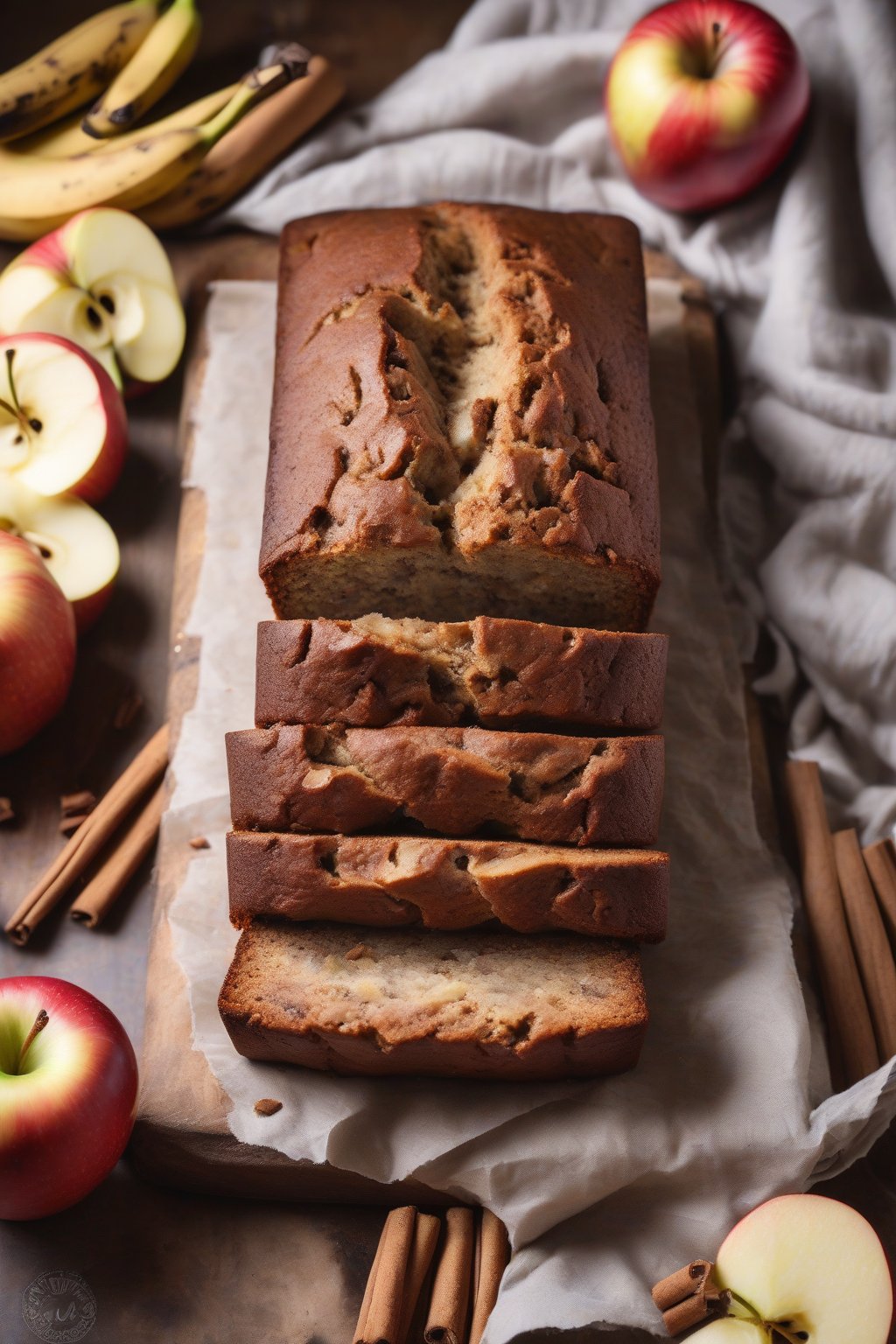 A high-resolution photo of apple cinnamon banana bread with apple chunks visible, cinnamon swirl effect, under soft lighting.