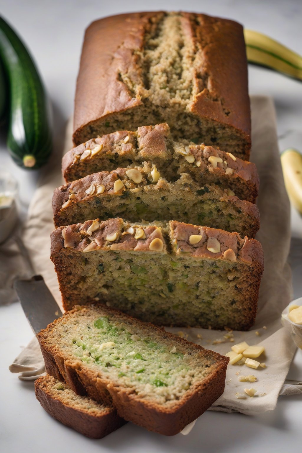A high-resolution photo of zucchini banana bread, green flecks in the crumb, fresh loaf sliced open, under soft lighting.